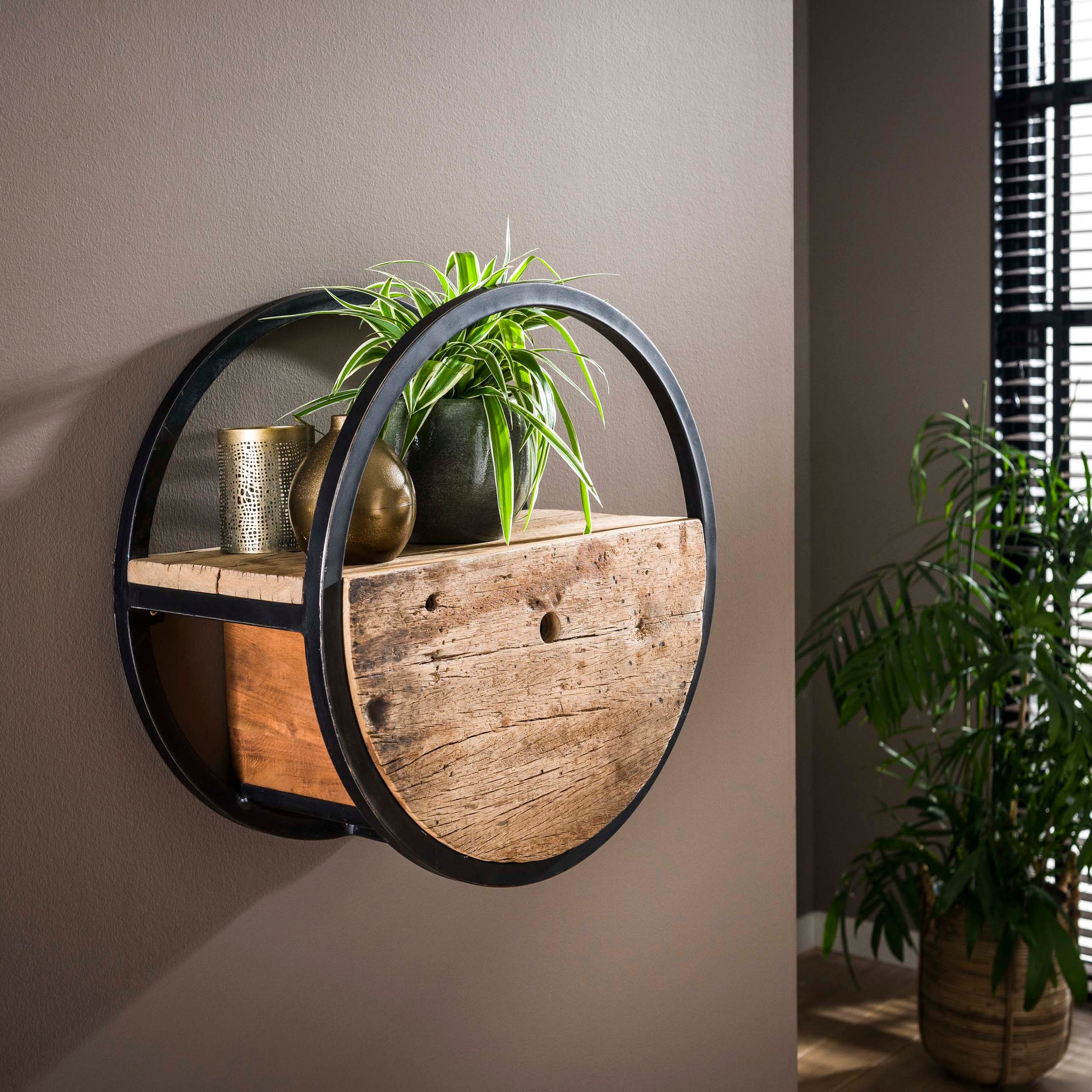 Wandschap Circular 1 lade Ø50cm / Robuust hardhout – afbeelding 1