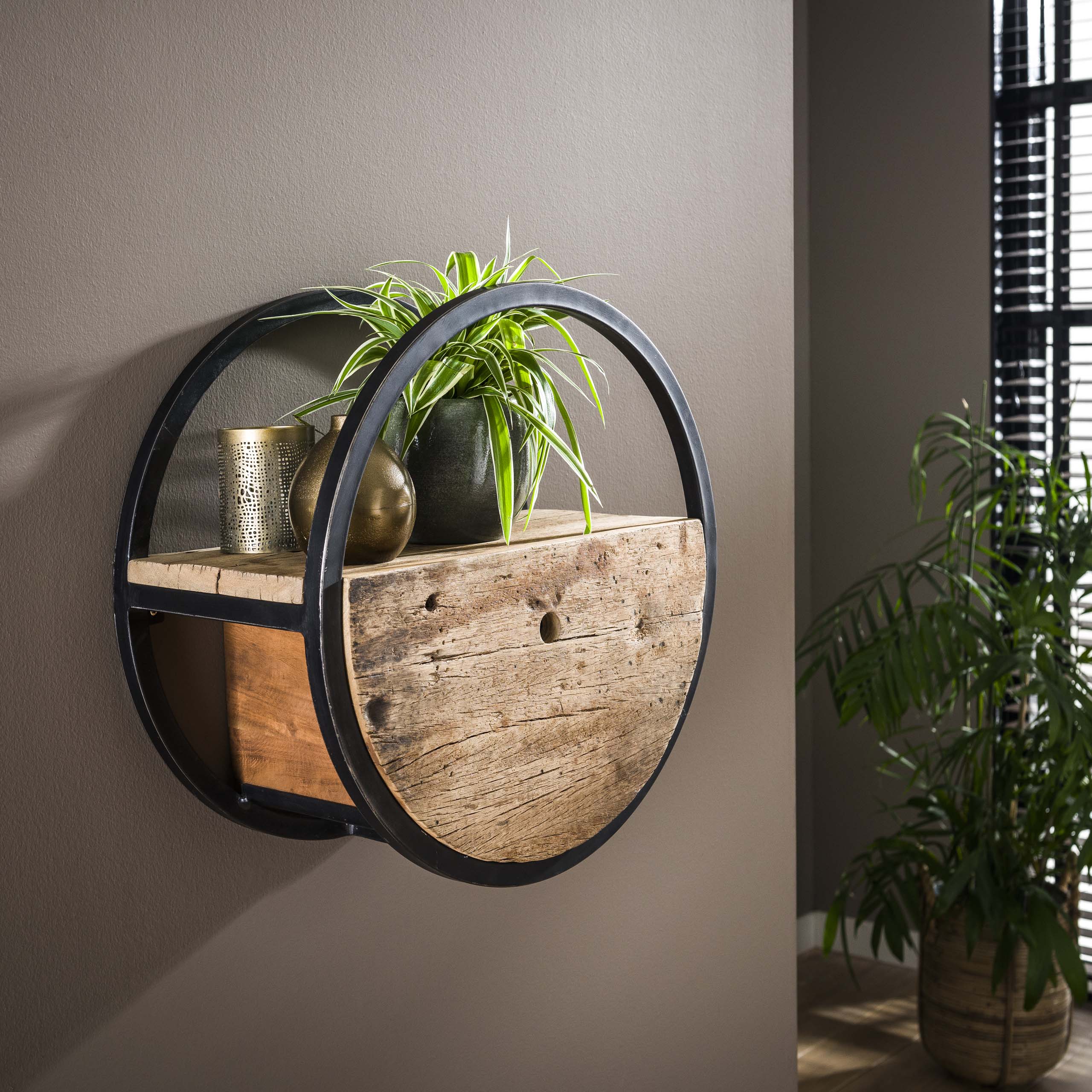 Wandschap Circular 1 lade Ø50cm / Robuust hardhout – afbeelding 1