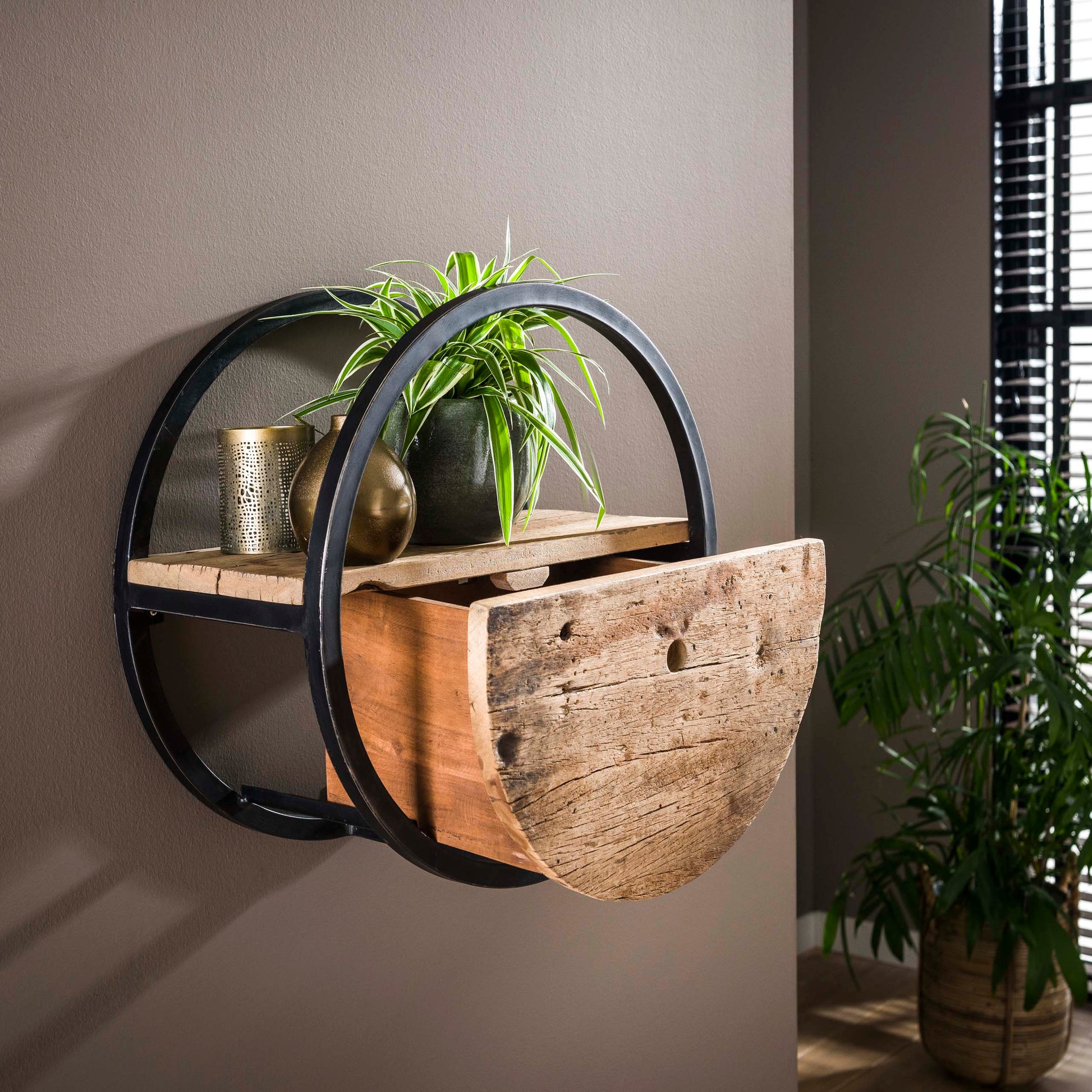 Wandschap Circular 1 lade Ø50cm / Robuust hardhout – afbeelding 2
