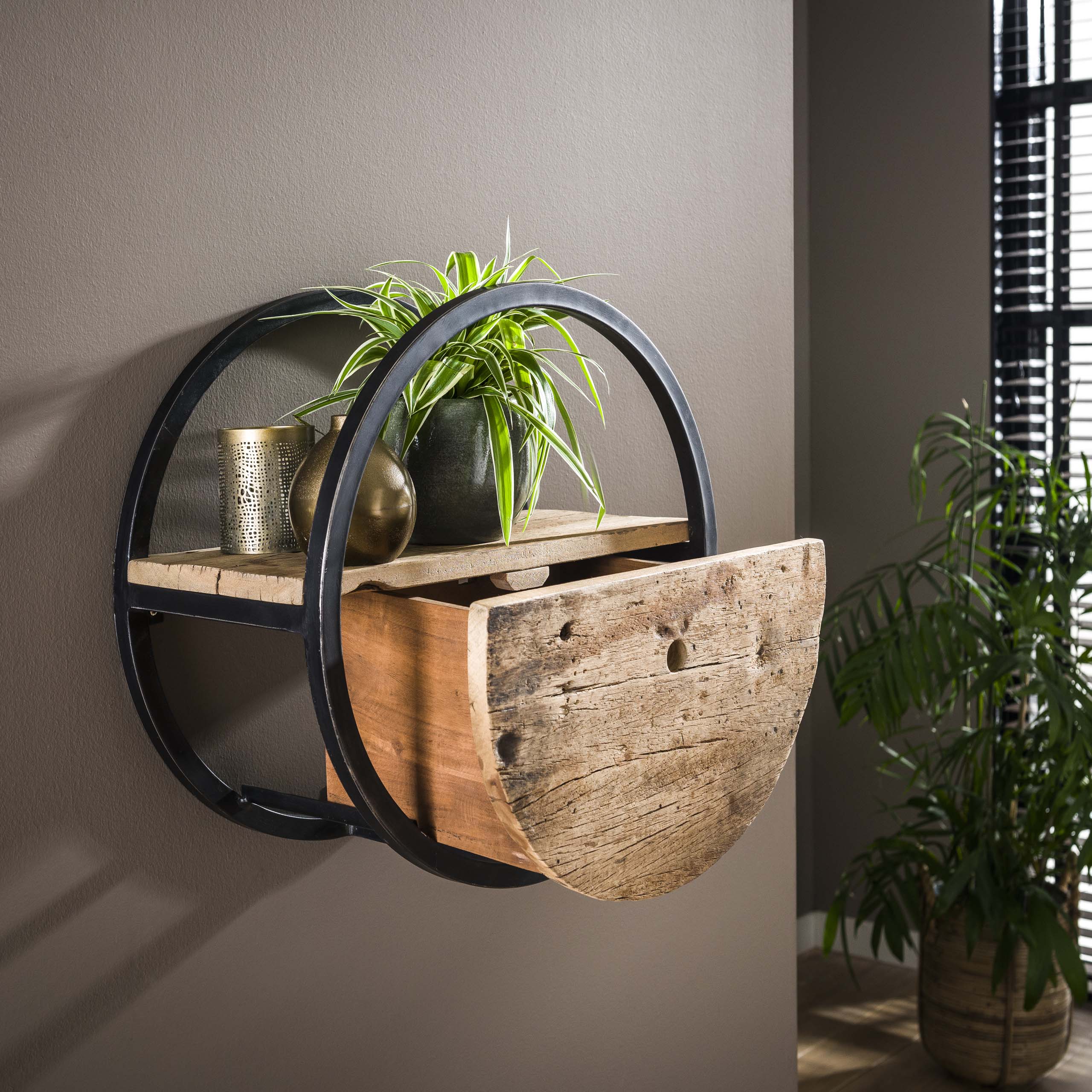 Wandschap Circular 1 lade Ø50cm / Robuust hardhout – afbeelding 2