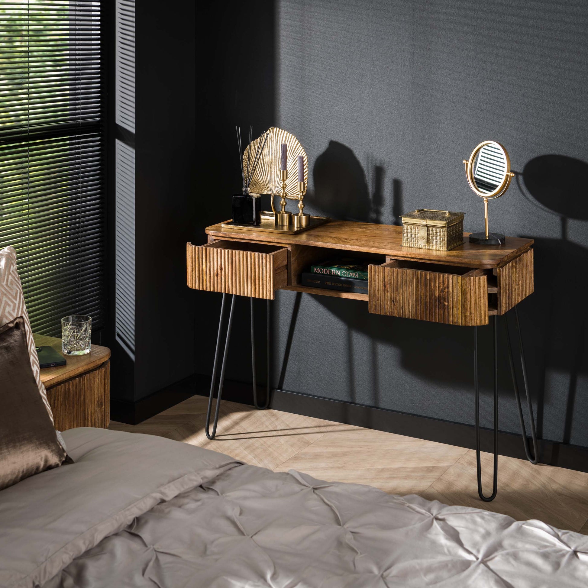 Hal-/kaptafel Wave 2 lades / Massief mango zand – afbeelding 2