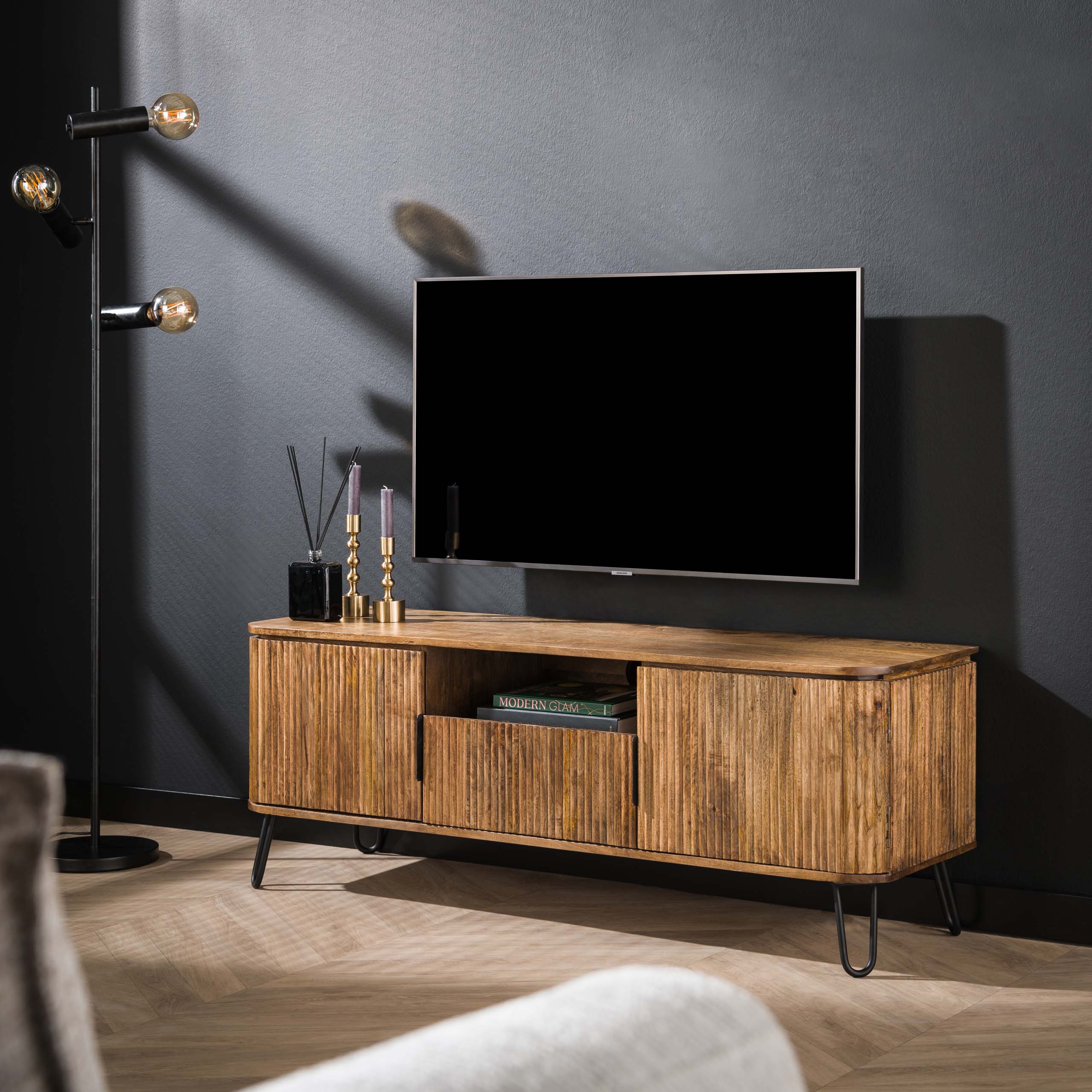 TV-meubel Wave 1 lade + 2 deuren / Massief mango zand – afbeelding 1