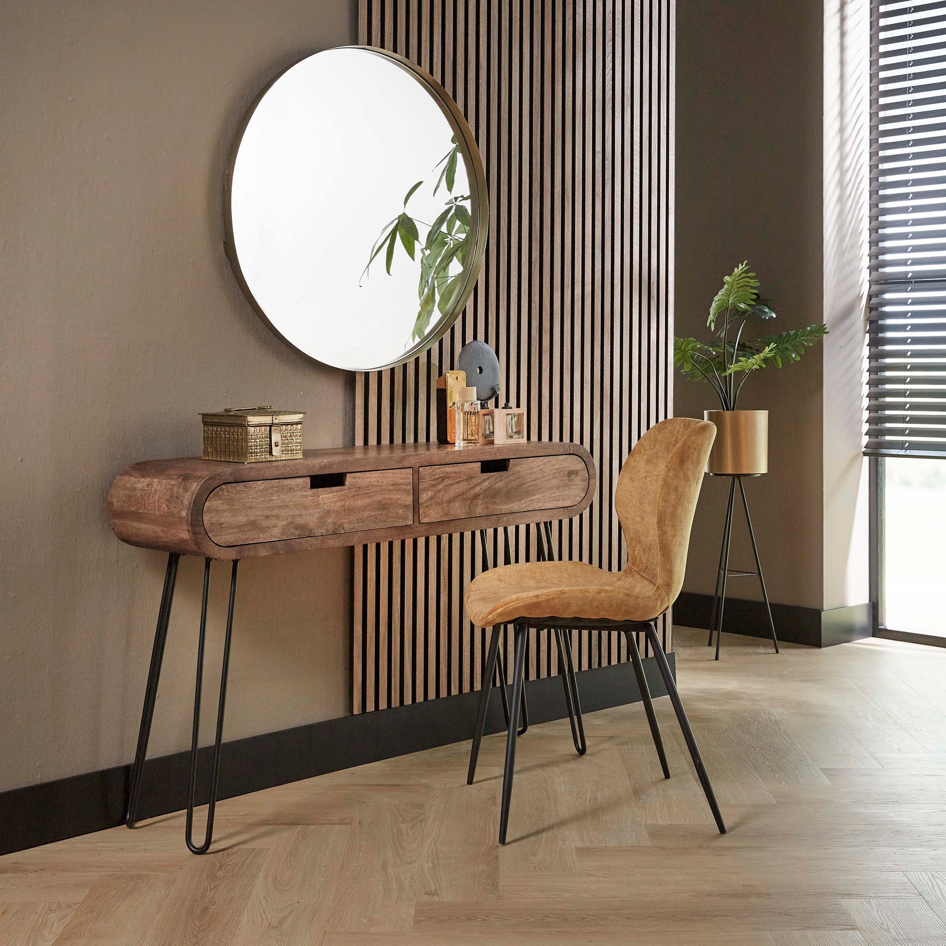 Hal-/kaptafel Barrel 2 lades / Massief mango zand – afbeelding 1