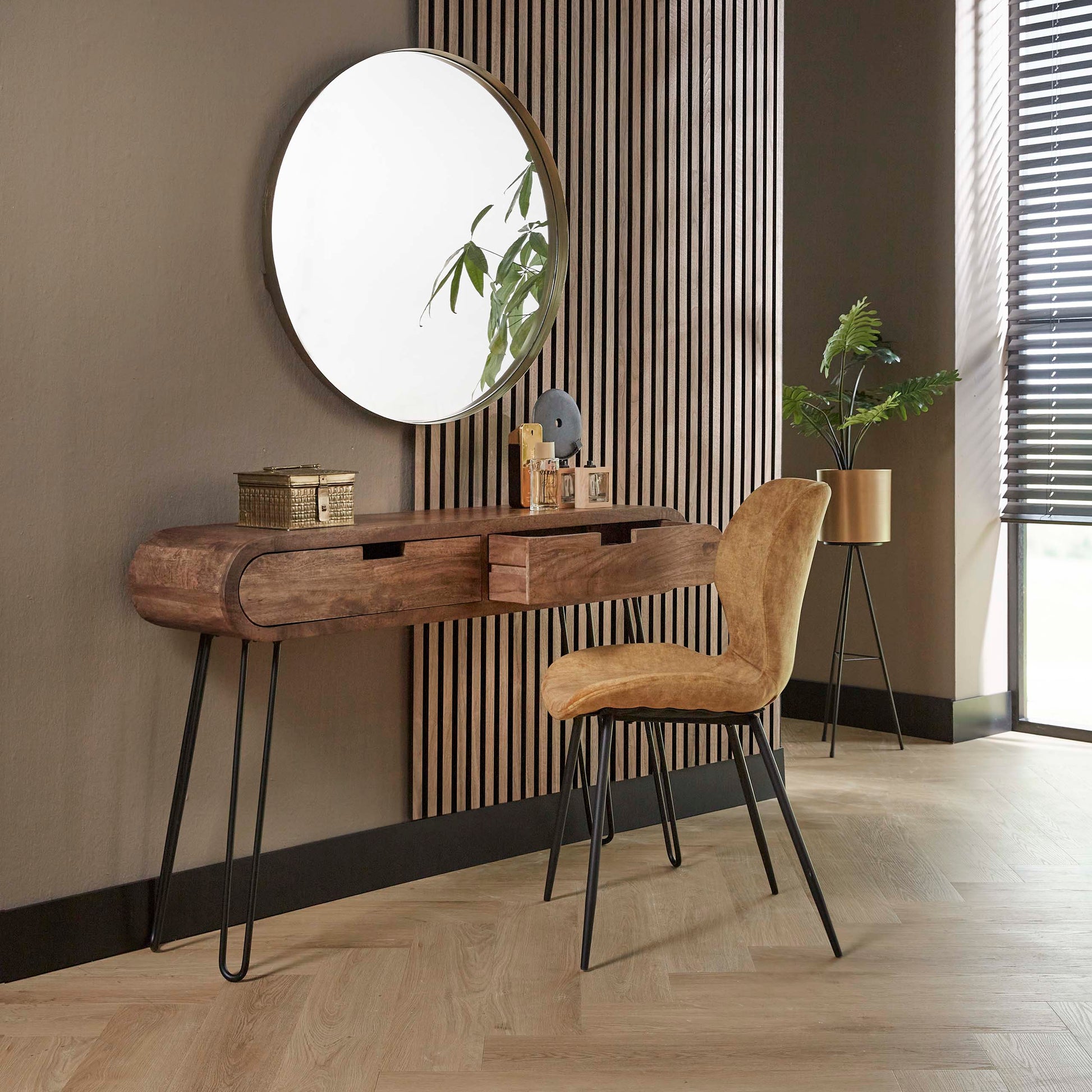 Hal-/kaptafel Barrel 2 lades / Massief mango zand – afbeelding 2