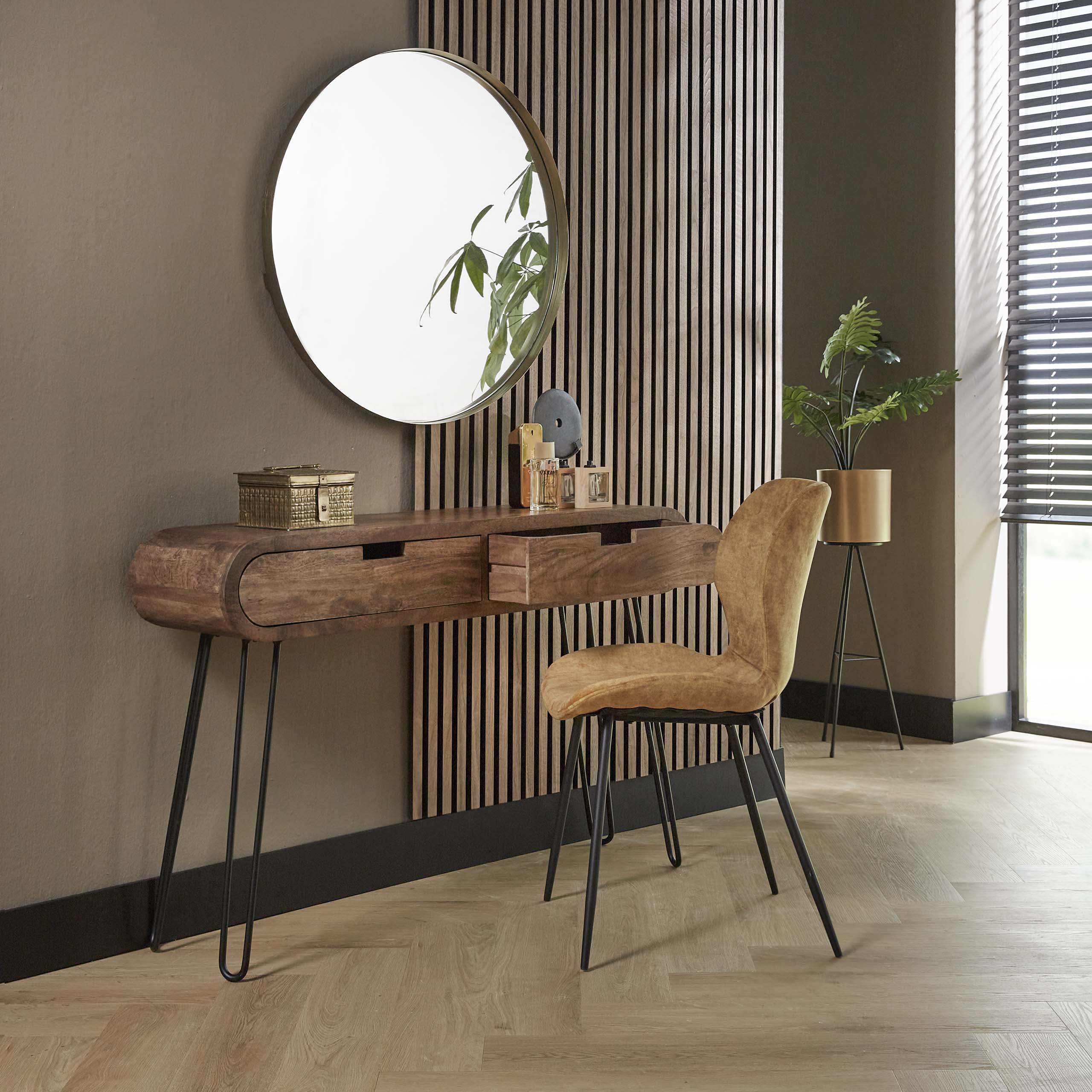 Hal-/kaptafel Barrel 2 lades / Massief mango zand – afbeelding 2
