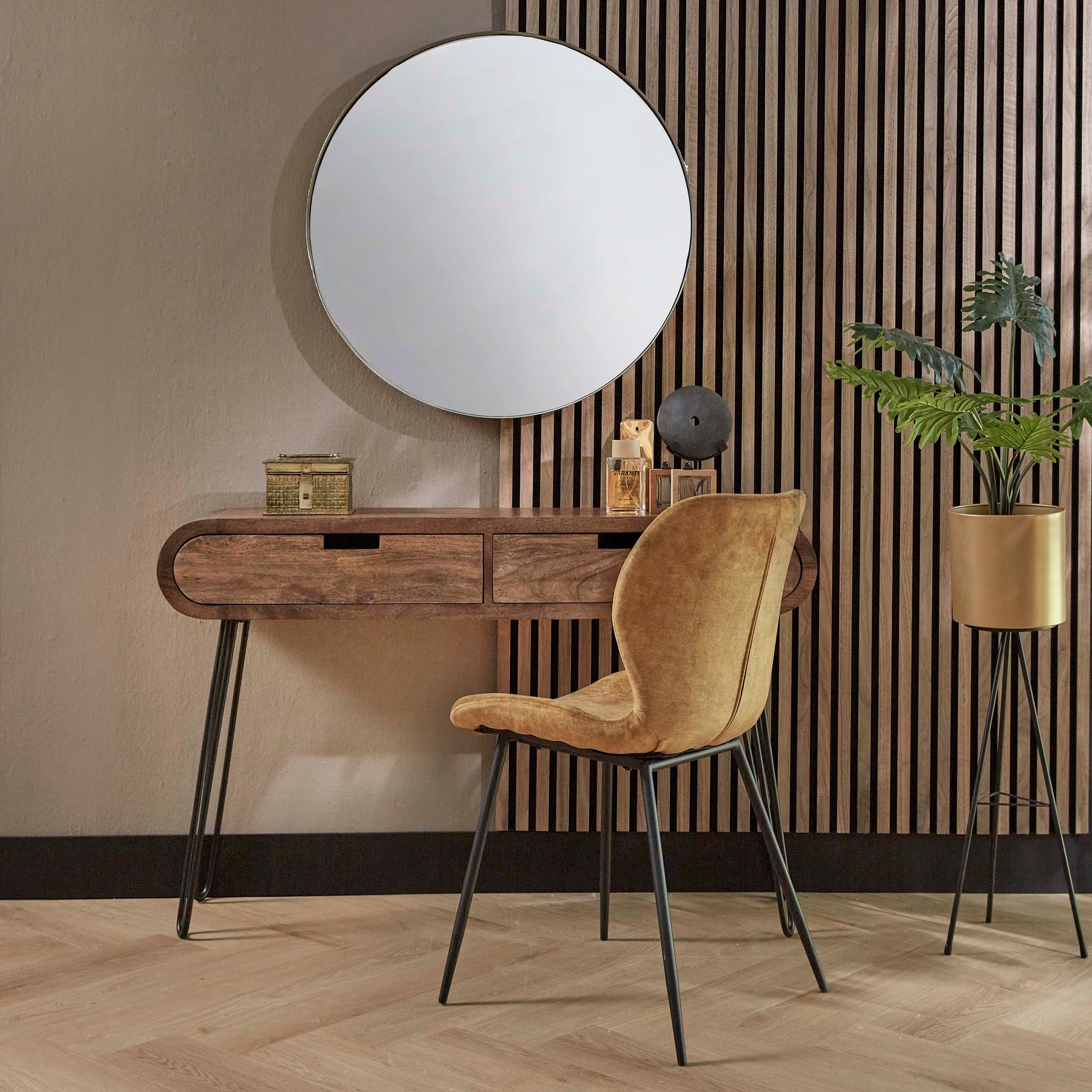 Hal-/kaptafel Barrel 2 lades / Massief mango zand – afbeelding 3