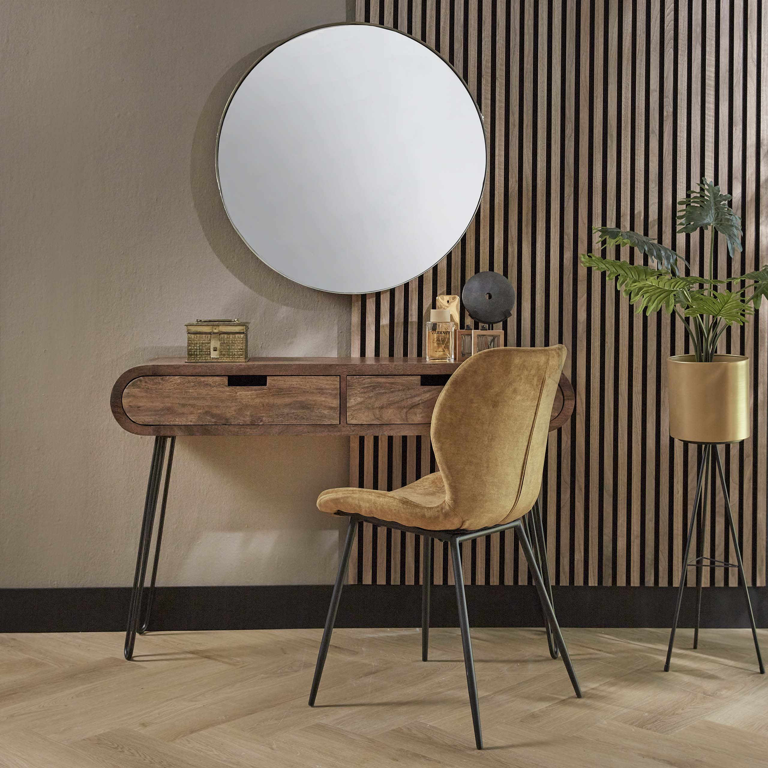 Hal-/kaptafel Barrel 2 lades / Massief mango zand – afbeelding 3