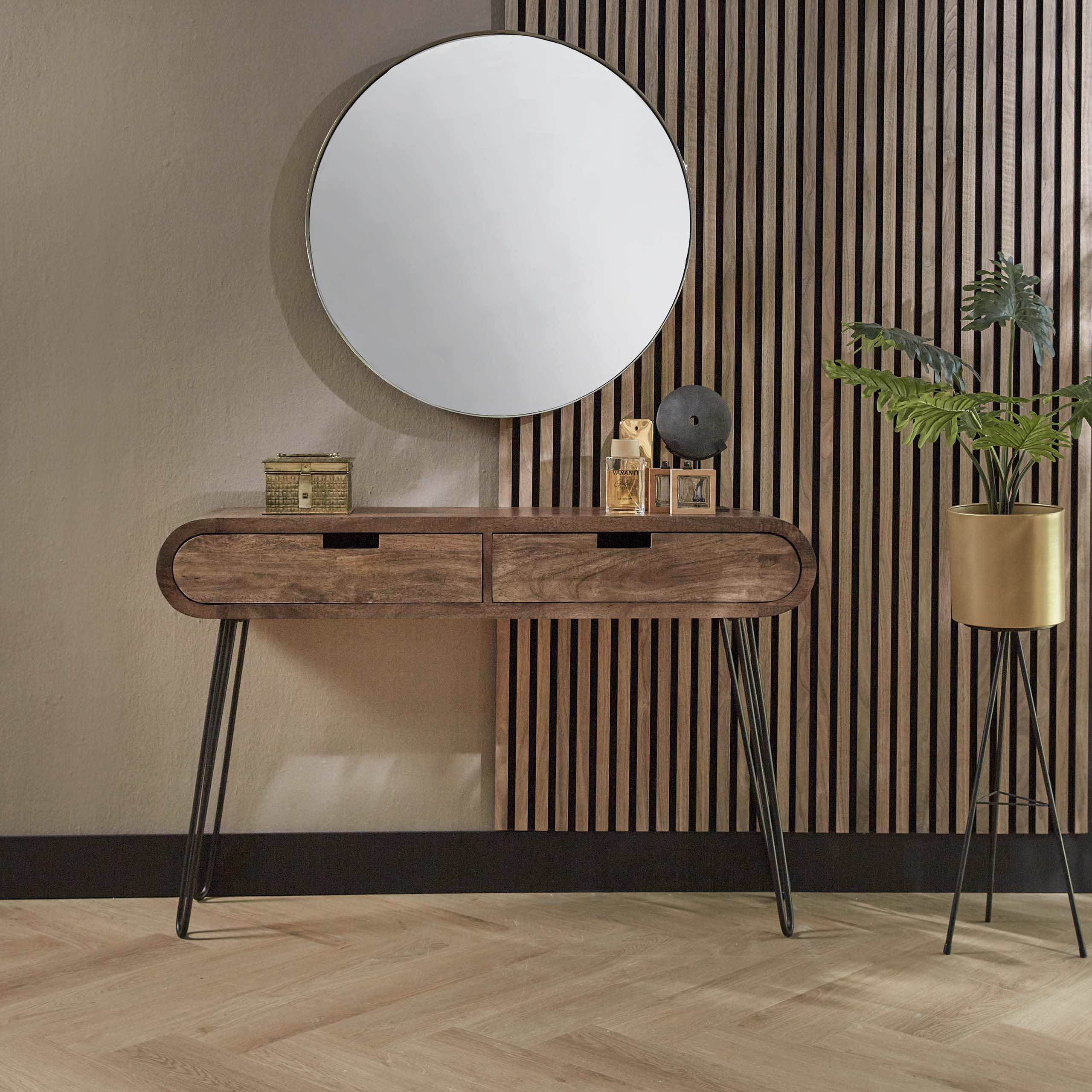 Hal-/kaptafel Barrel 2 lades / Massief mango zand – afbeelding 4
