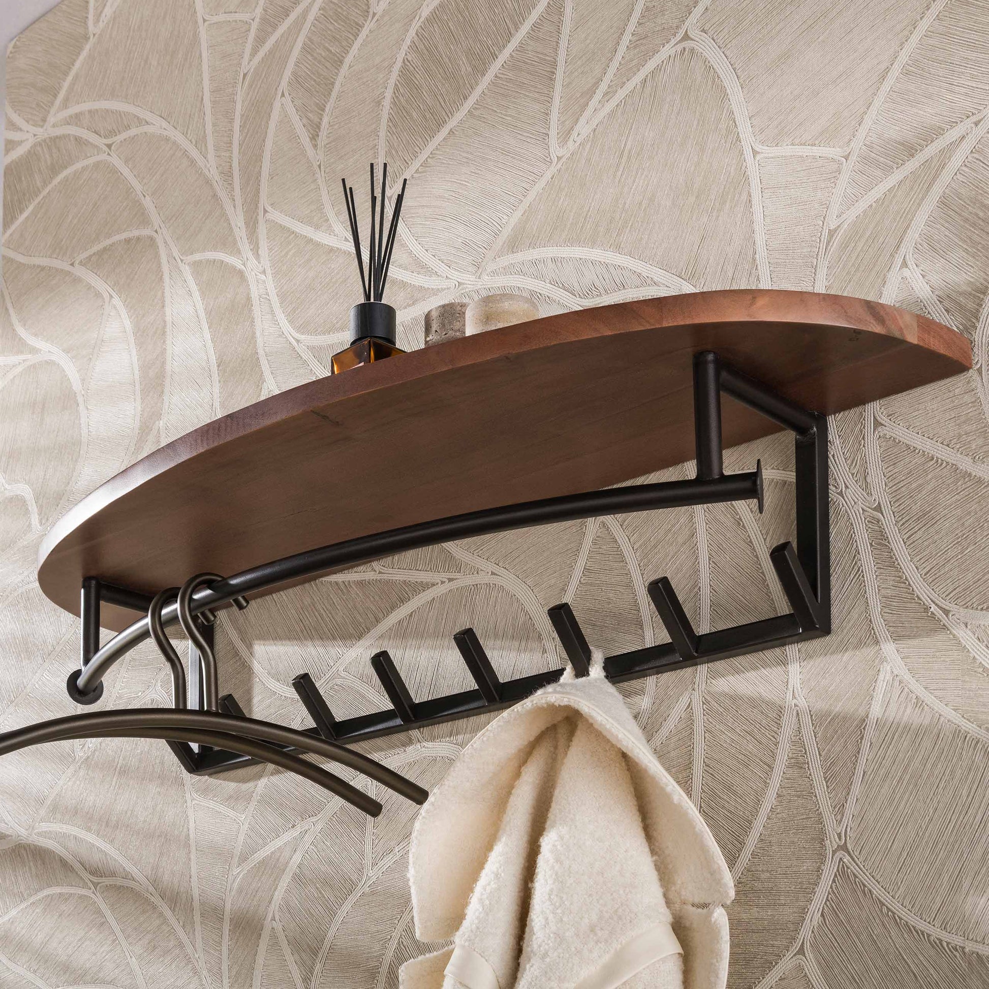 Kapstok Round roede en hoedenplank 8 haken / Massief acacia – afbeelding 2