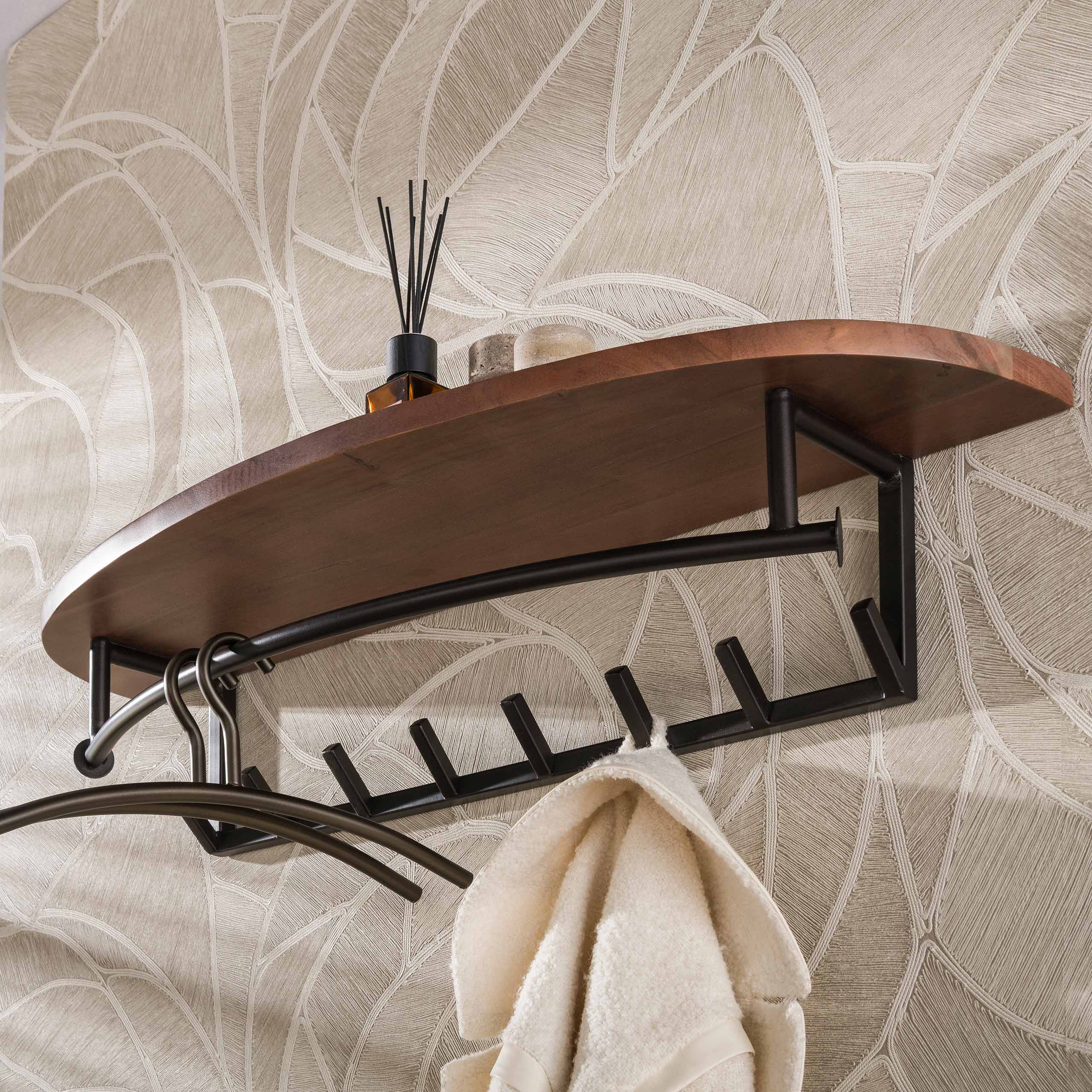 Kapstok Round roede en hoedenplank 8 haken / Massief acacia bruin – afbeelding 2