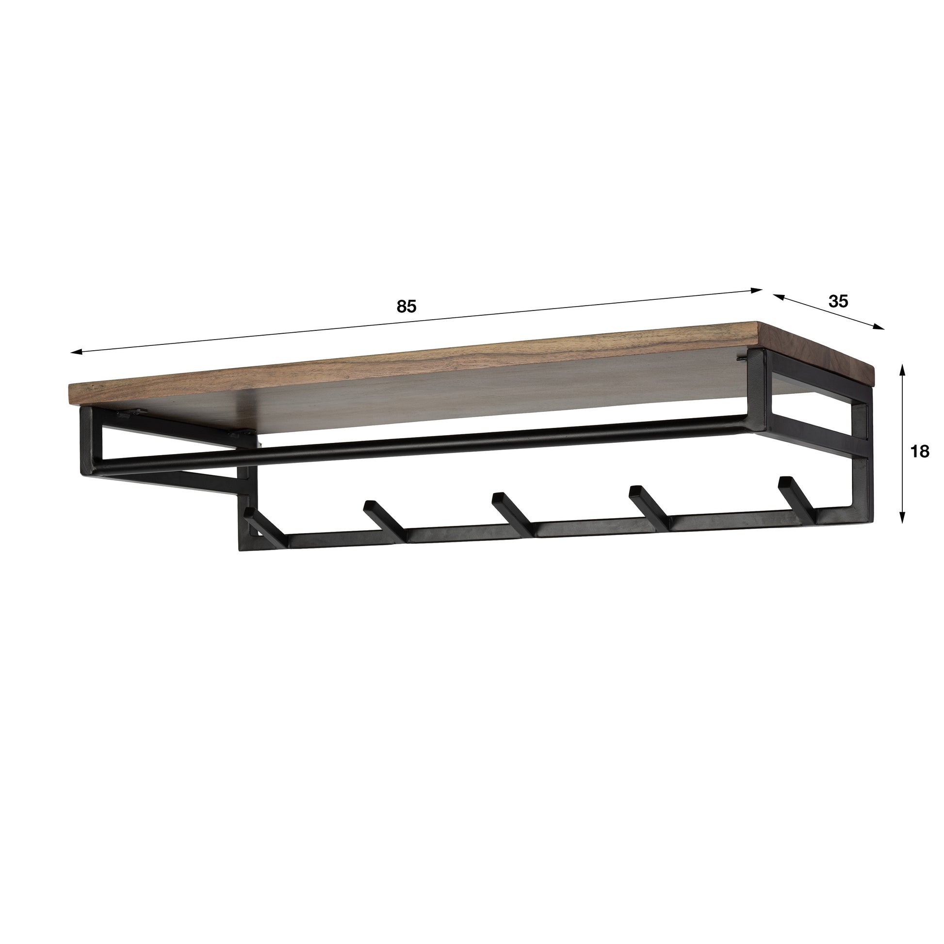 Kapstok Custom roede en hoedenplank 5 haken / Massief acacia bruin – afbeelding 4