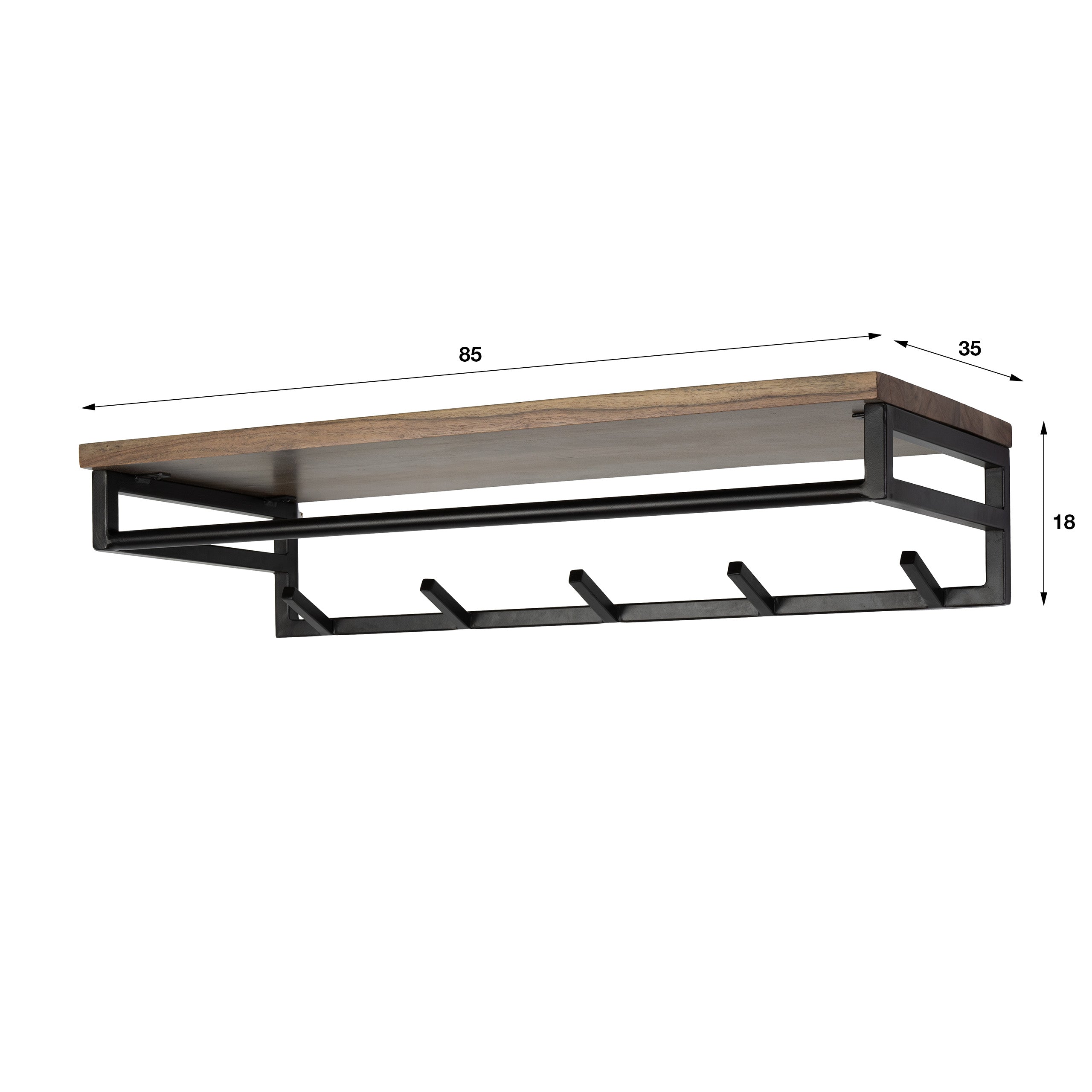 Kapstok Custom roede en hoedenplank 5 haken / Massief acacia bruin – afbeelding 4