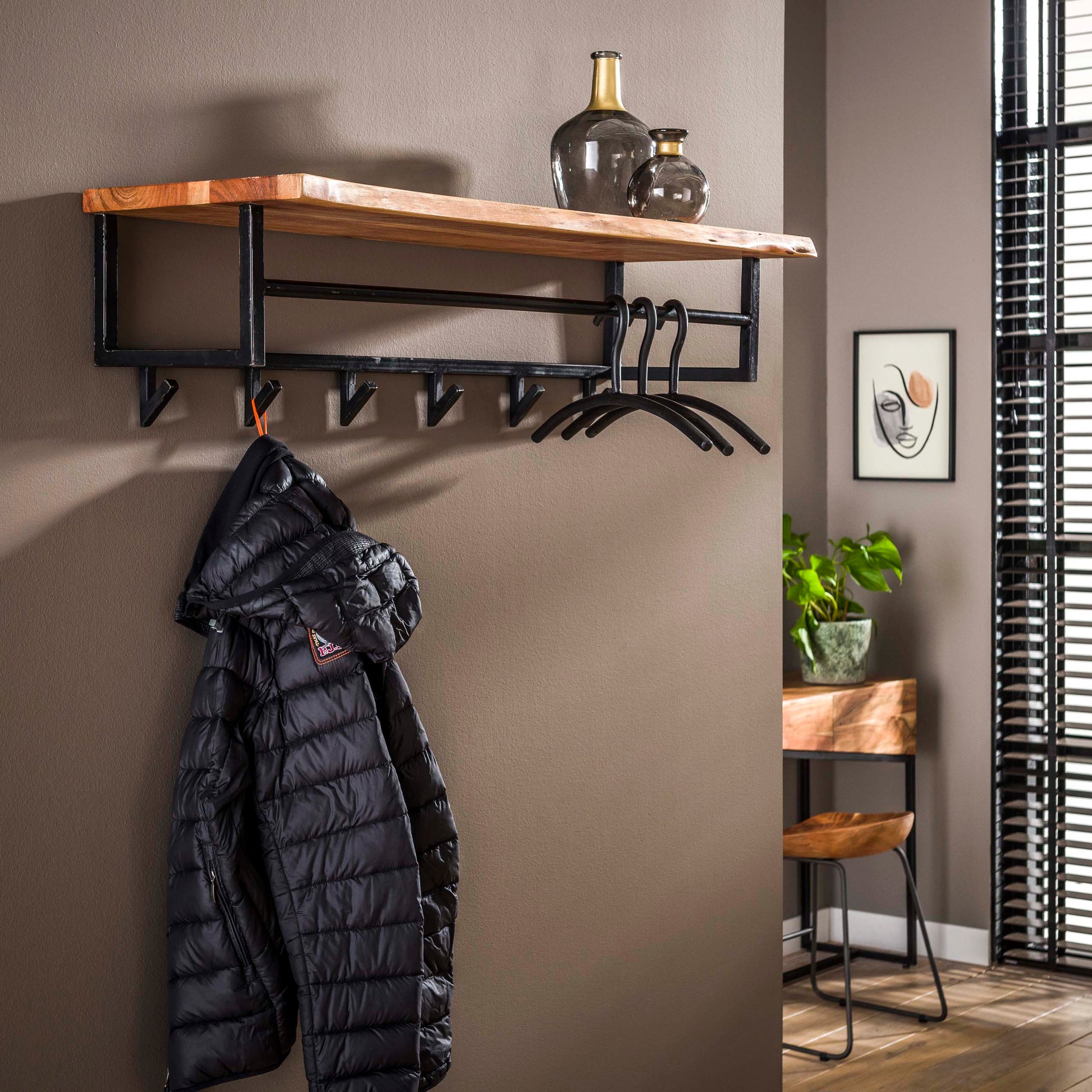 Kapstok Edge roede en hoedenplank 6 haken / Massief acacia – afbeelding 1