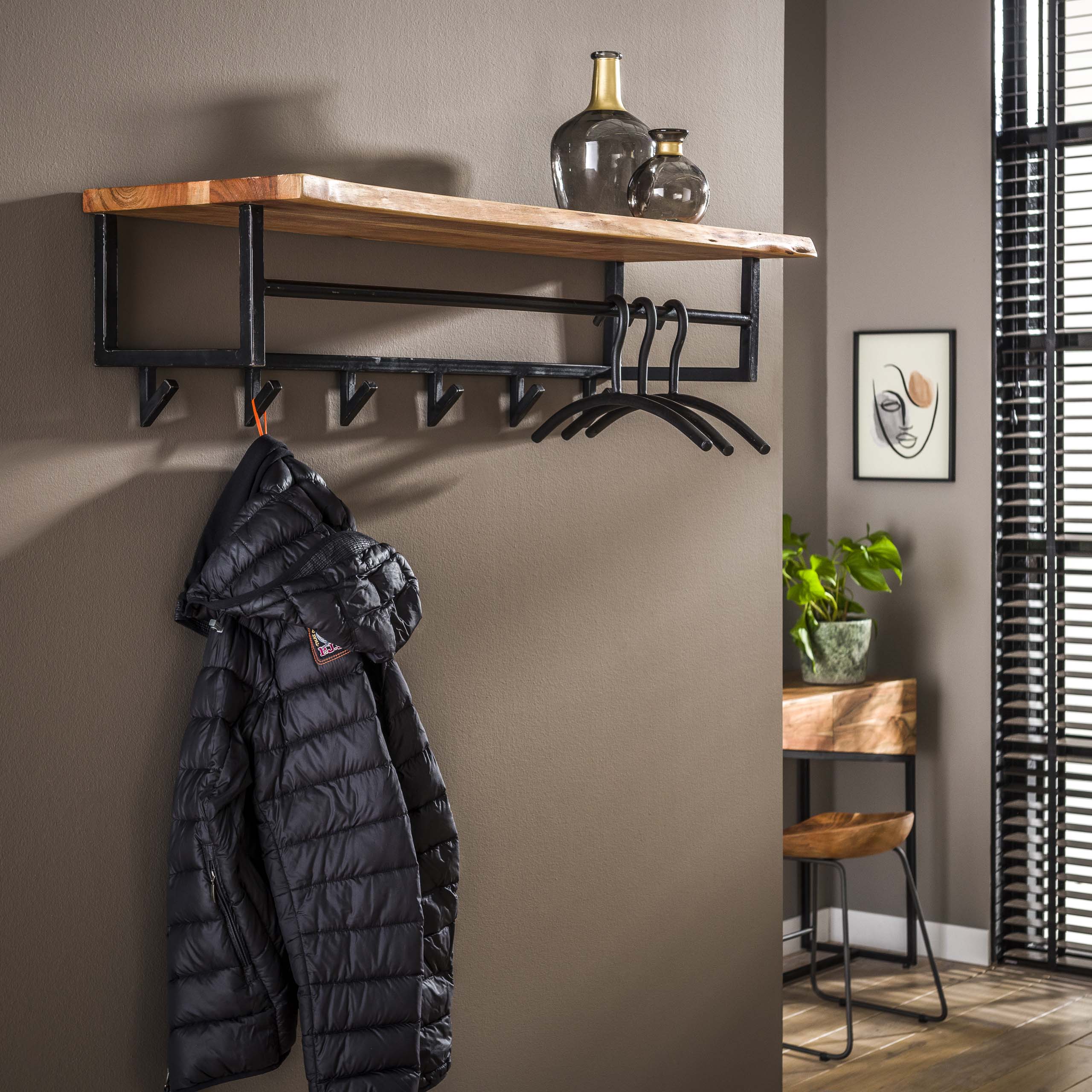 Kapstok Edge roede en hoedenplank 6 haken / Massief acacia – afbeelding 1