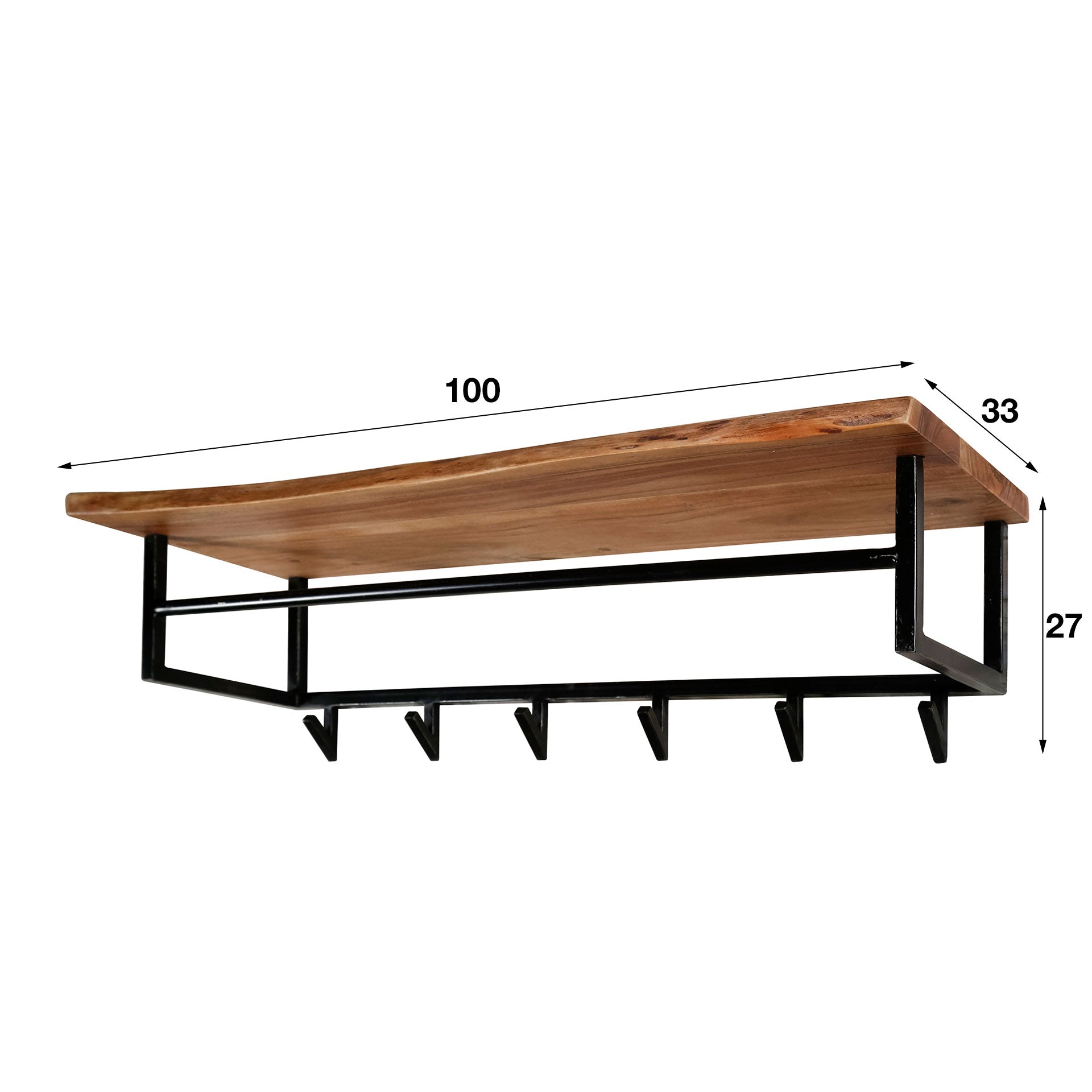 Kapstok Edge roede en hoedenplank 6 haken / Massief acacia – afbeelding 5