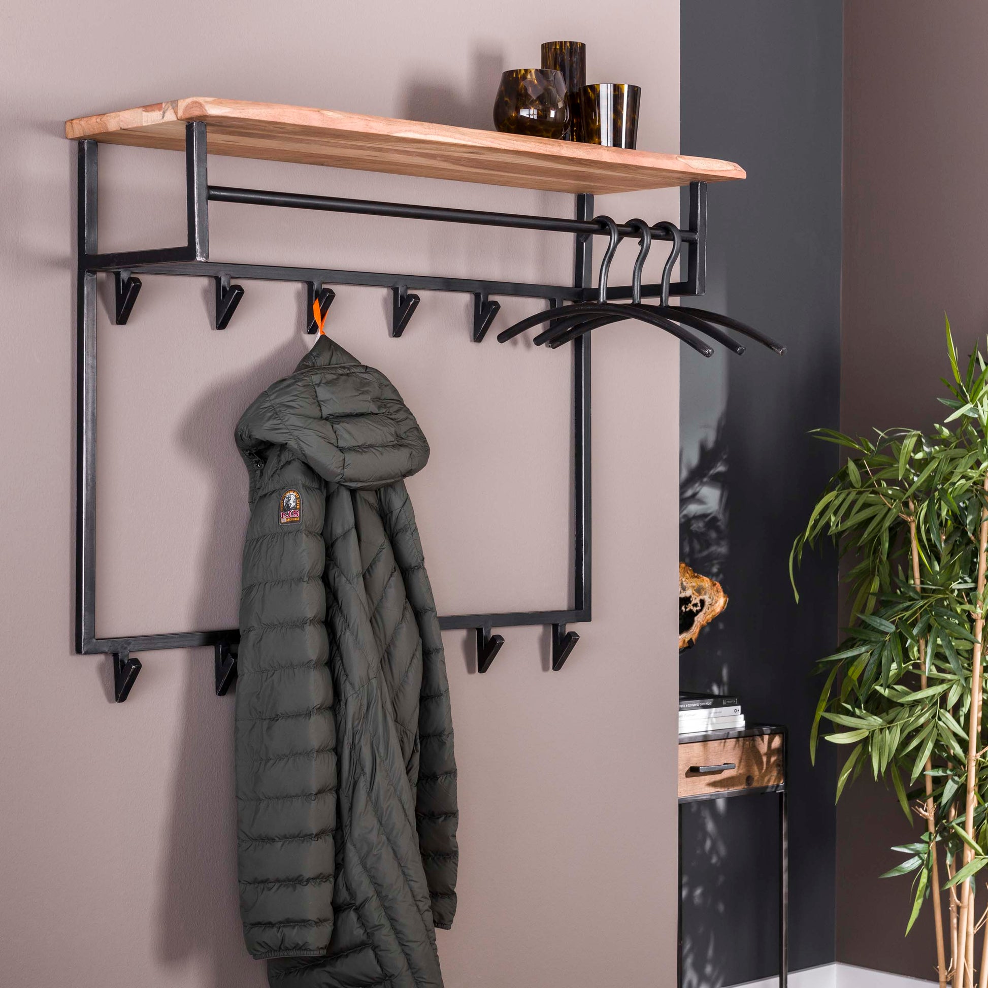 Kapstok Edge hoog roede en hoedenplank 12 haken / Massief acacia – afbeelding 1