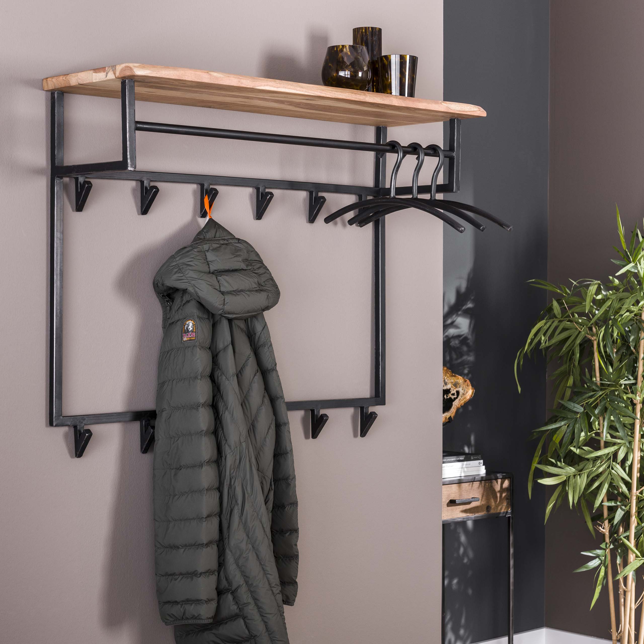 Kapstok Edge hoog roede en hoedenplank 12 haken / Massief acacia – afbeelding 1