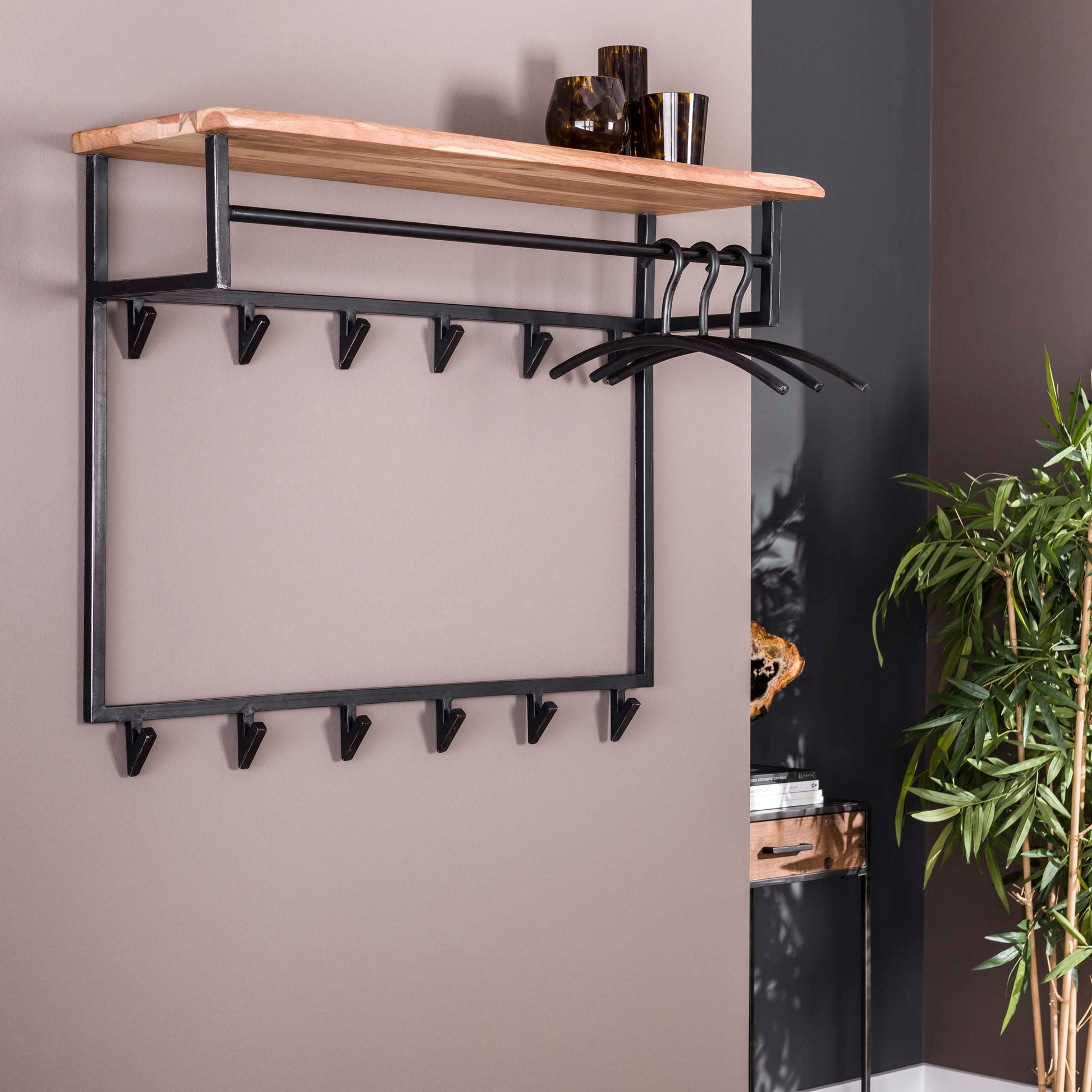 Kapstok Edge hoog roede en hoedenplank 12 haken / Massief acacia – afbeelding 2