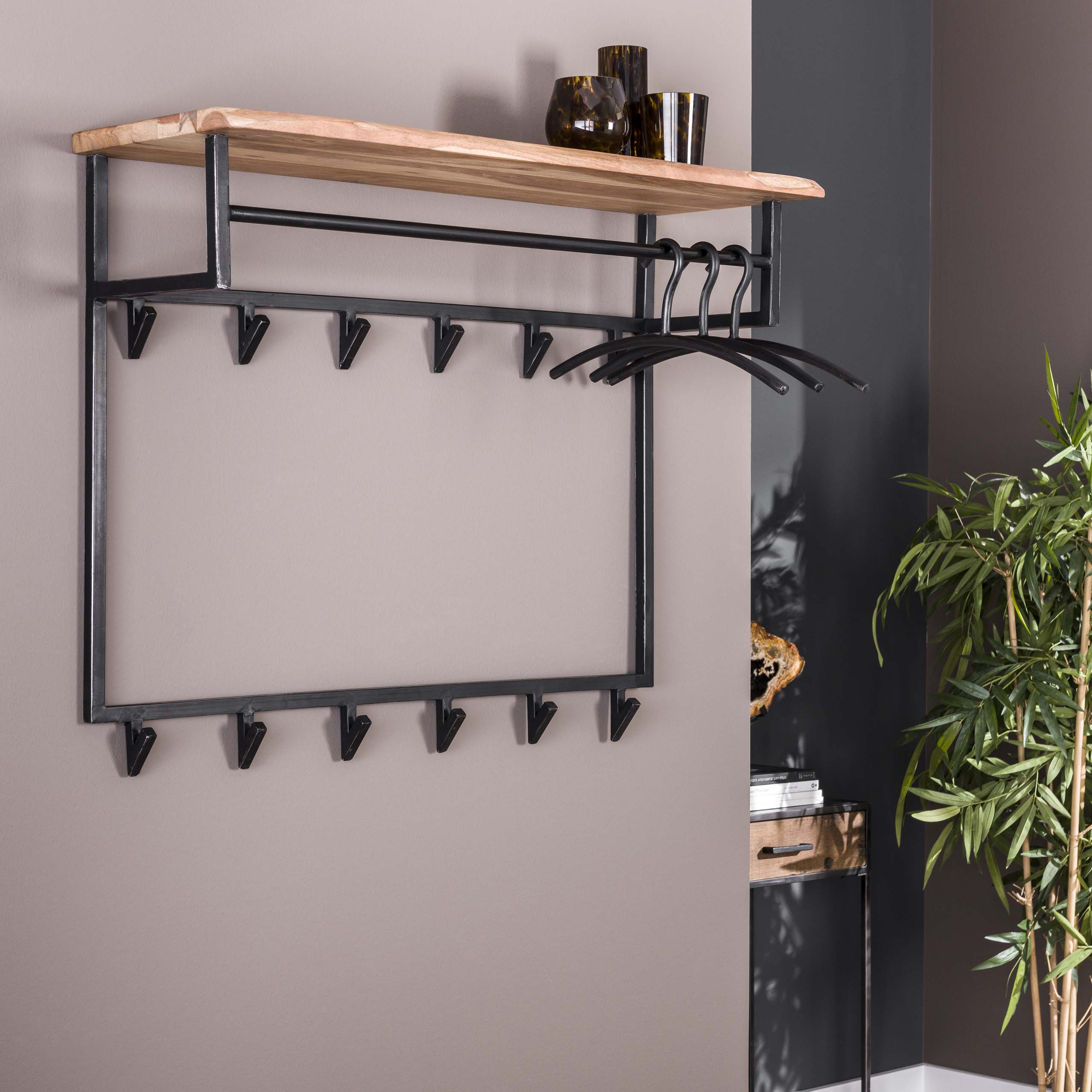 Kapstok Edge hoog roede en hoedenplank 12 haken / Massief acacia – afbeelding 2