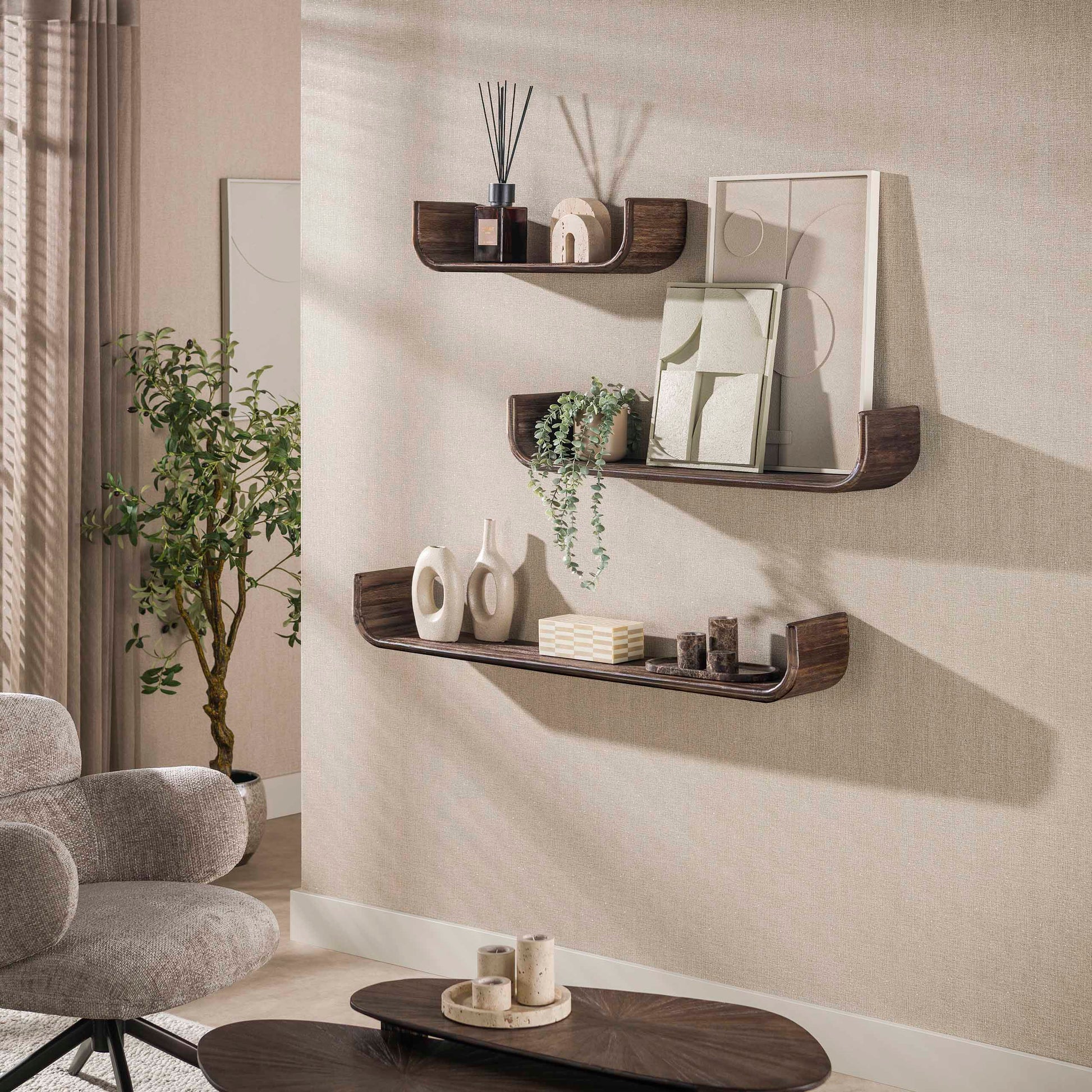 Wandplank Maya Teak U-shape set van 3 / Massief teak espresso – afbeelding 1