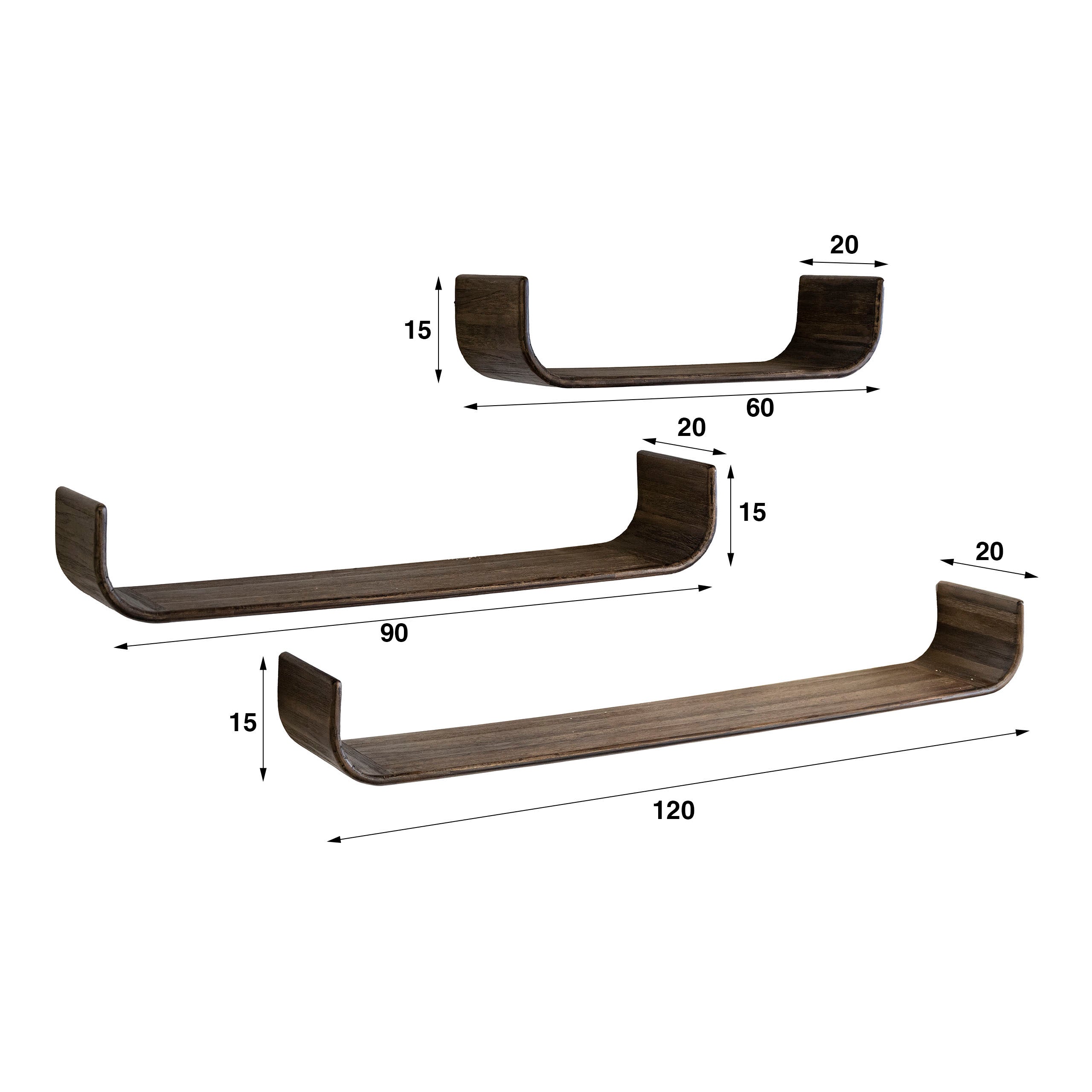 Wandplank Maya Teak U-shape set van 3 / Massief teak espresso – afbeelding 3
