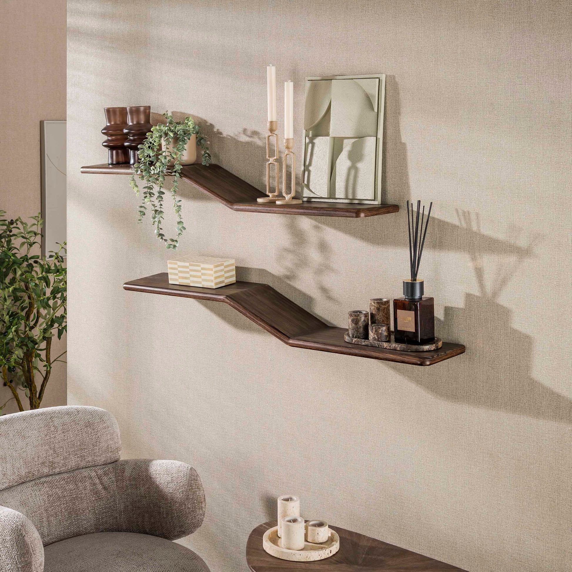 Wandplank Maya Teak S-shape set van 2 / Massief teak espresso – afbeelding 1