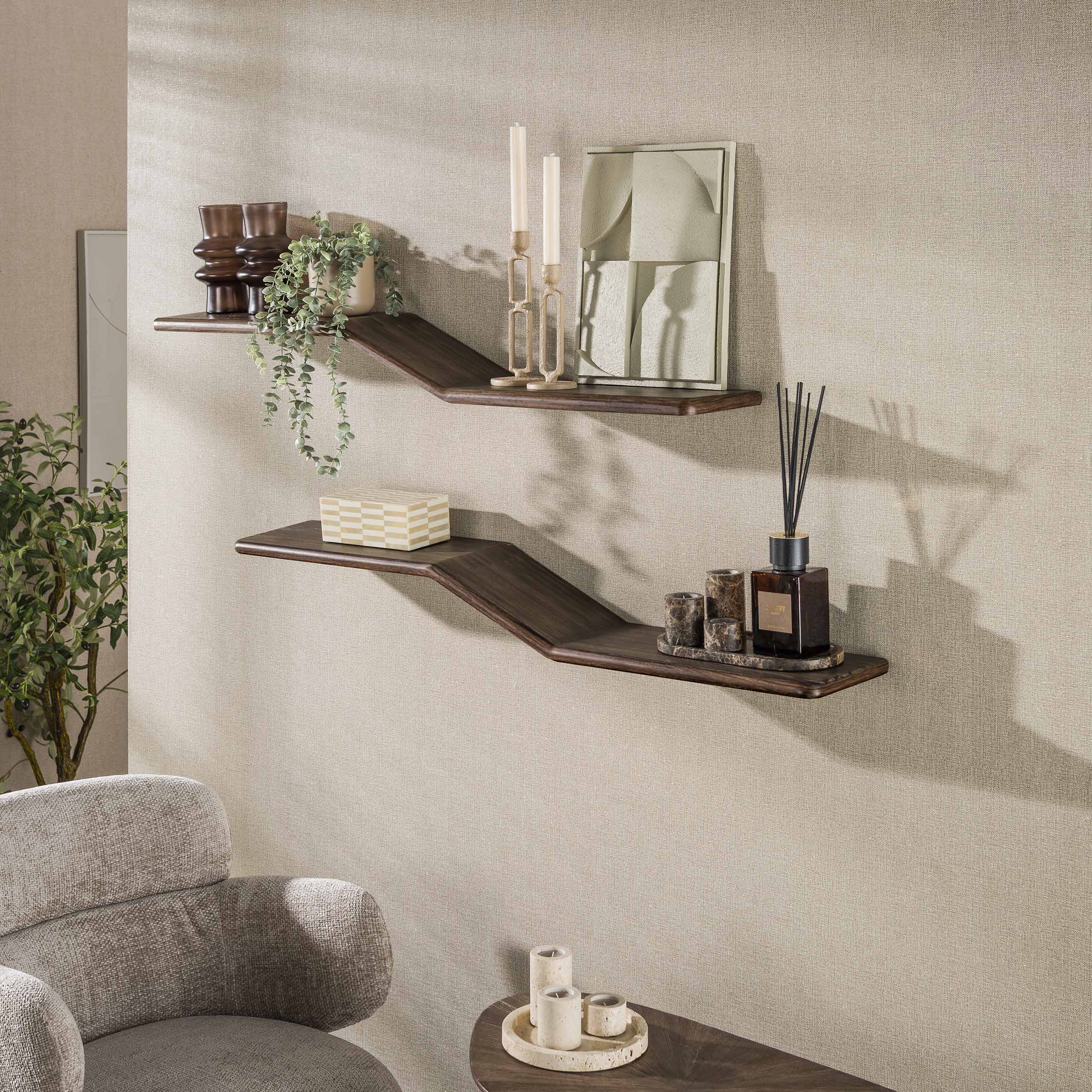 Wandplank Maya Teak S-shape set van 2 / Massief teak espresso – afbeelding 1