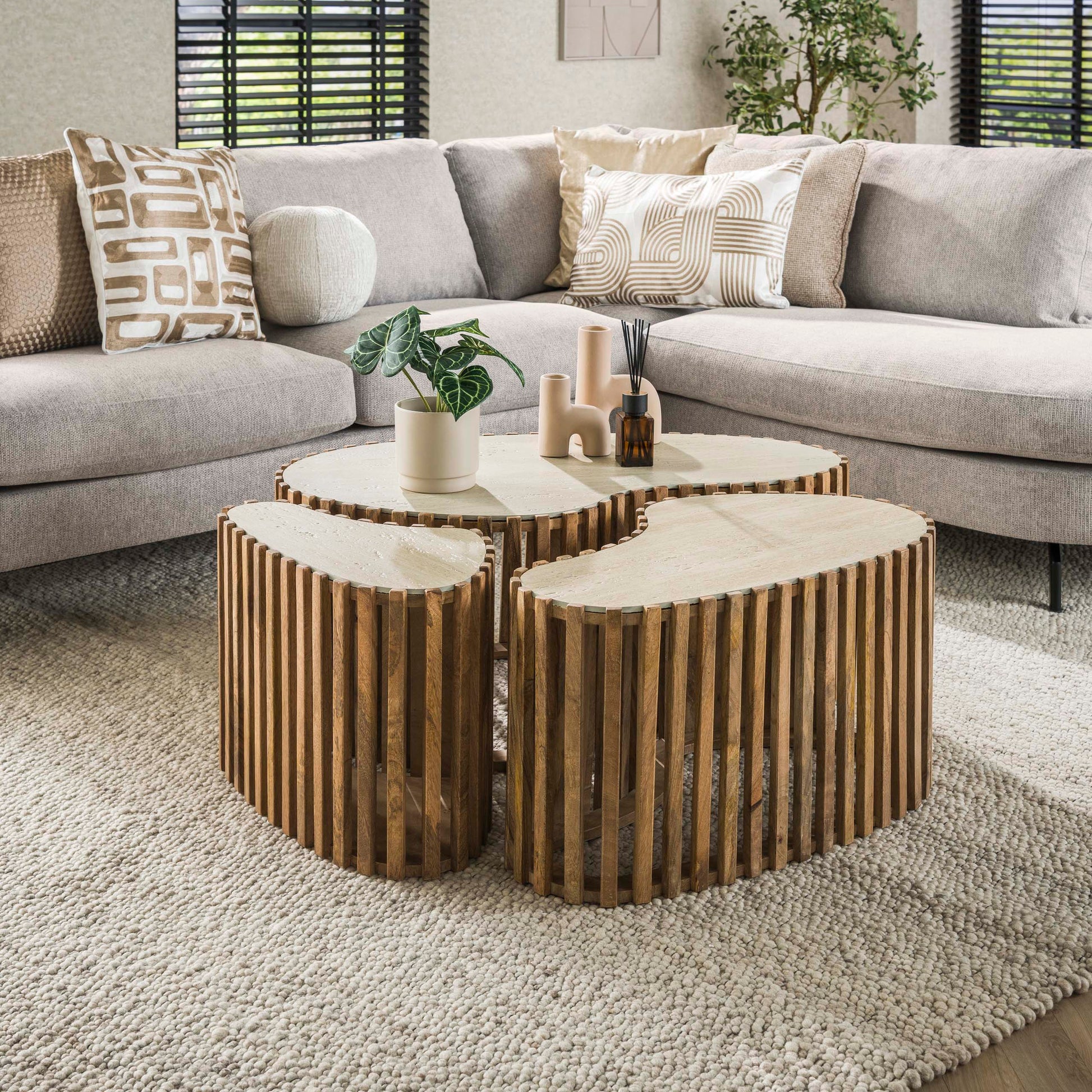 Salontafel Nuovo niervormig set van 3 / Massief mango zand – afbeelding 1