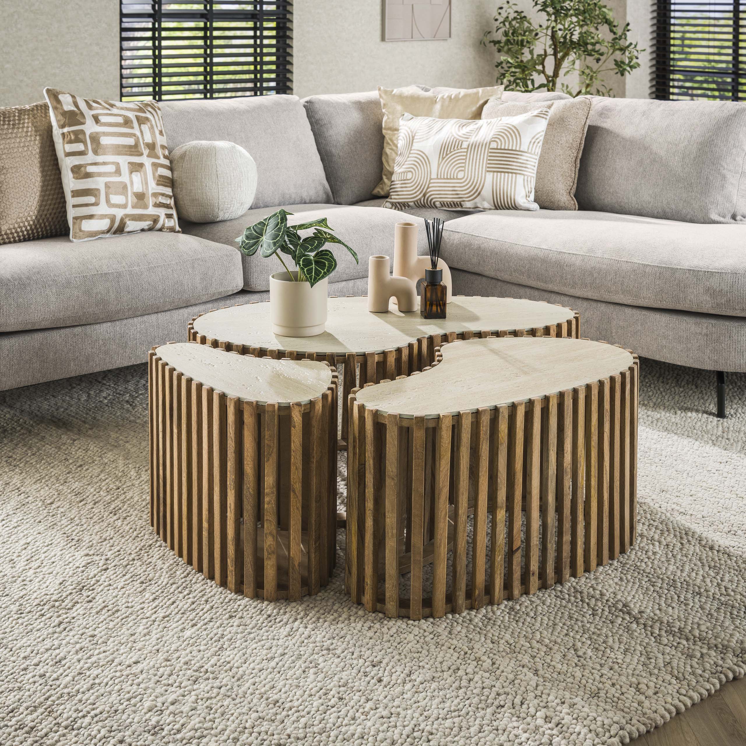 Salontafel Nuovo niervormig set van 3 / Massief mango zand – afbeelding 1