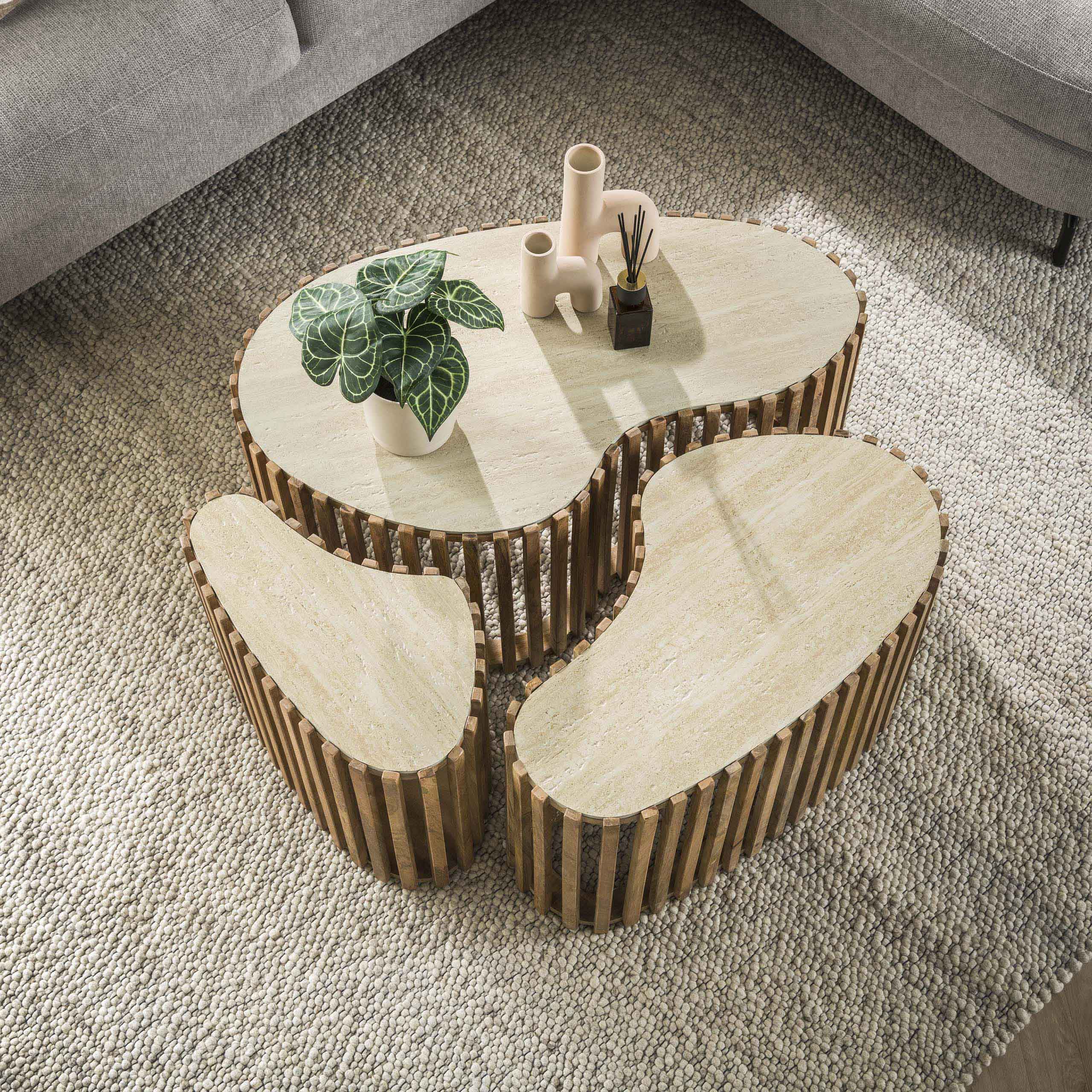 Salontafel Nuovo niervormig set van 3 / Massief mango zand – afbeelding 2