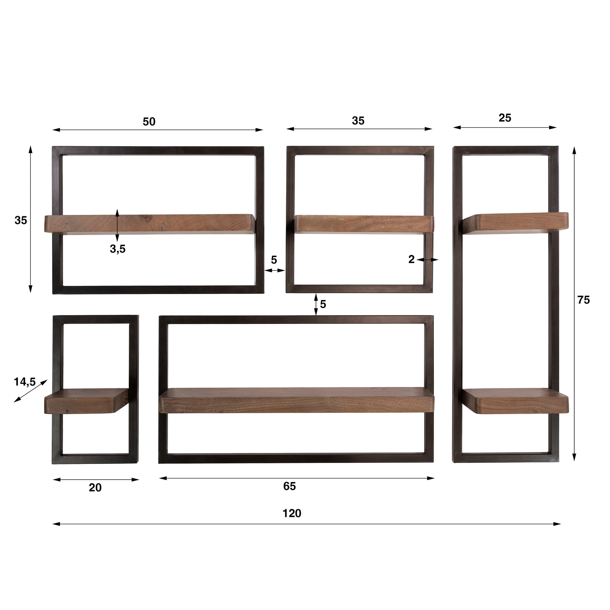 Wandschap Carve set van 5 / Massief acacia bruin – afbeelding 4