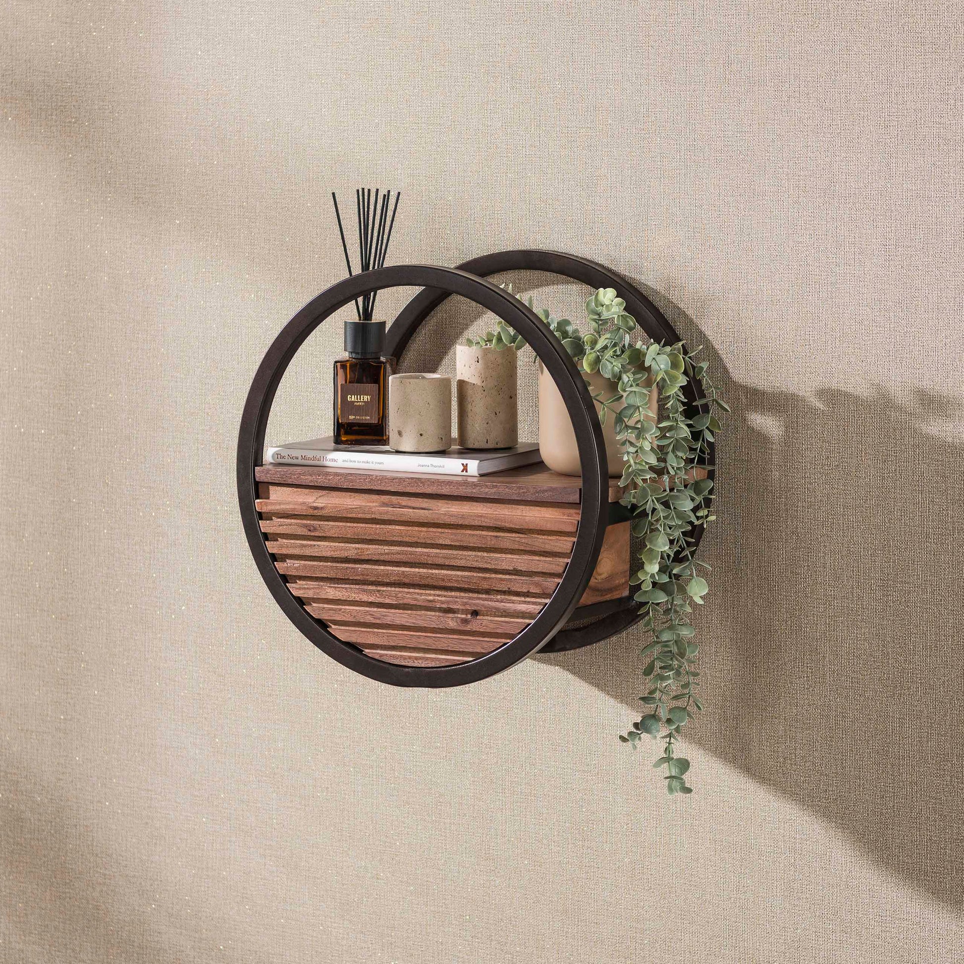 Wandschap Circular 1 lade Ø40cm / Massief acacia bruin – afbeelding 3