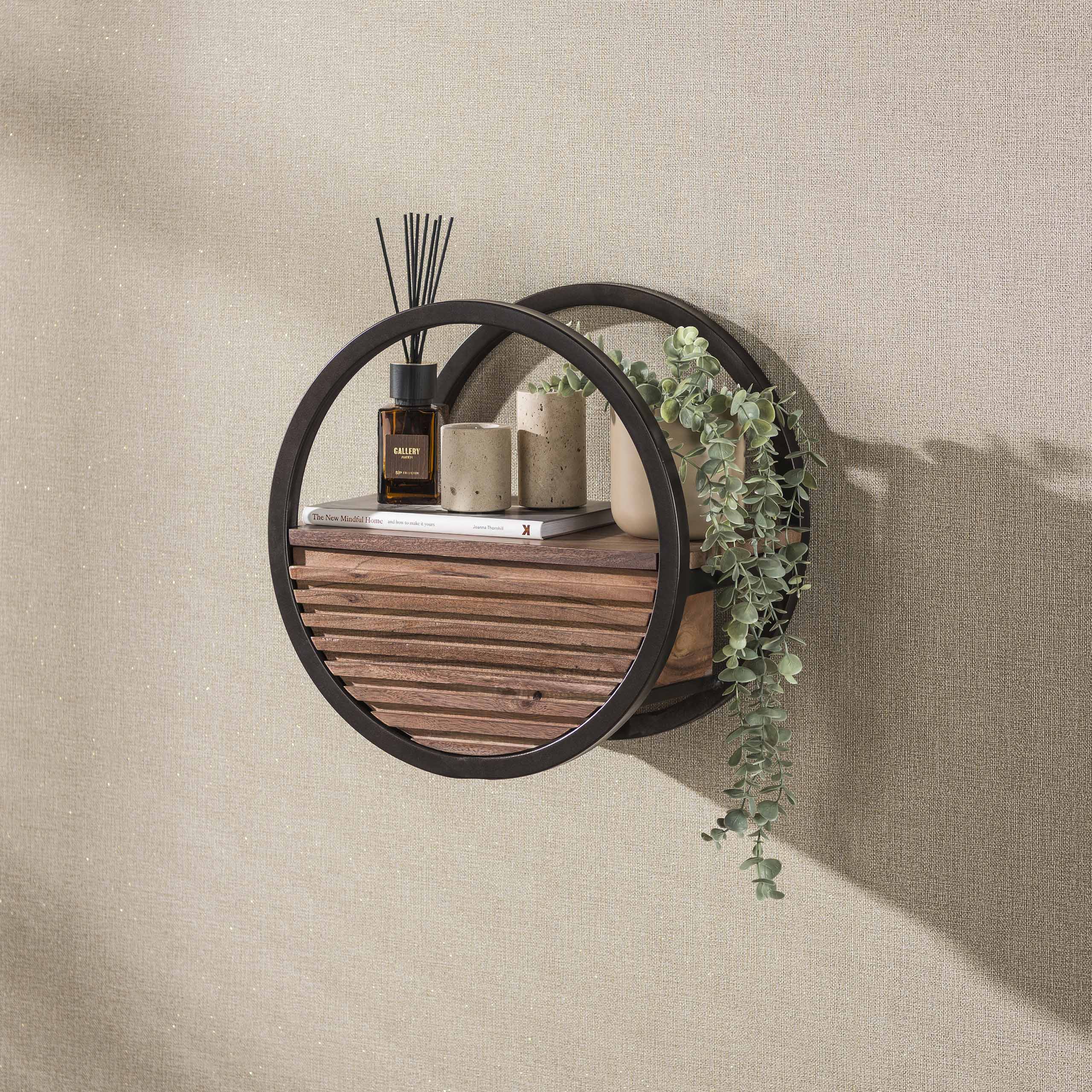 Wandschap Circular 1 lade Ø40cm / Massief acacia bruin – afbeelding 3