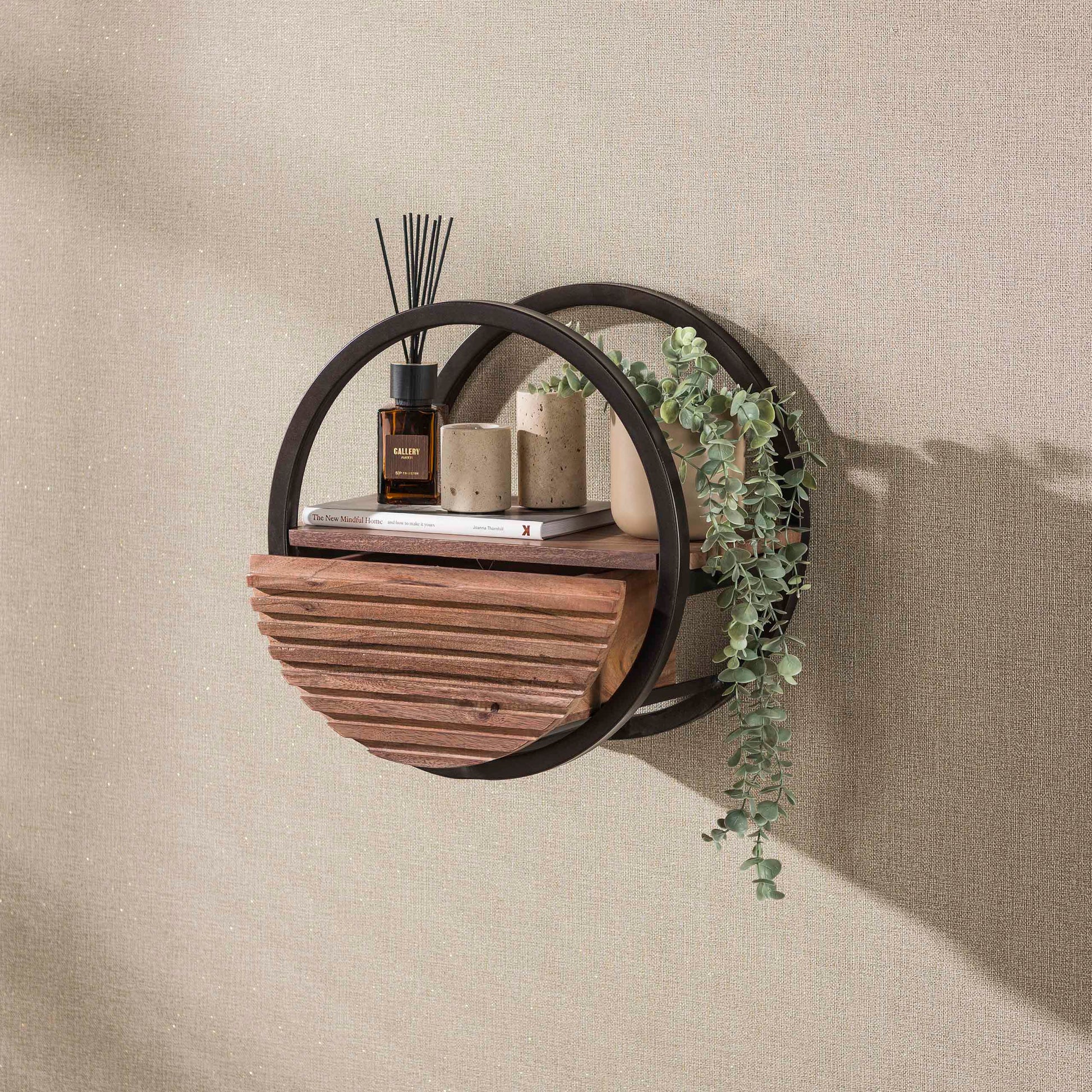 Wandschap Circular 1 lade Ø40cm / Massief acacia bruin – afbeelding 4
