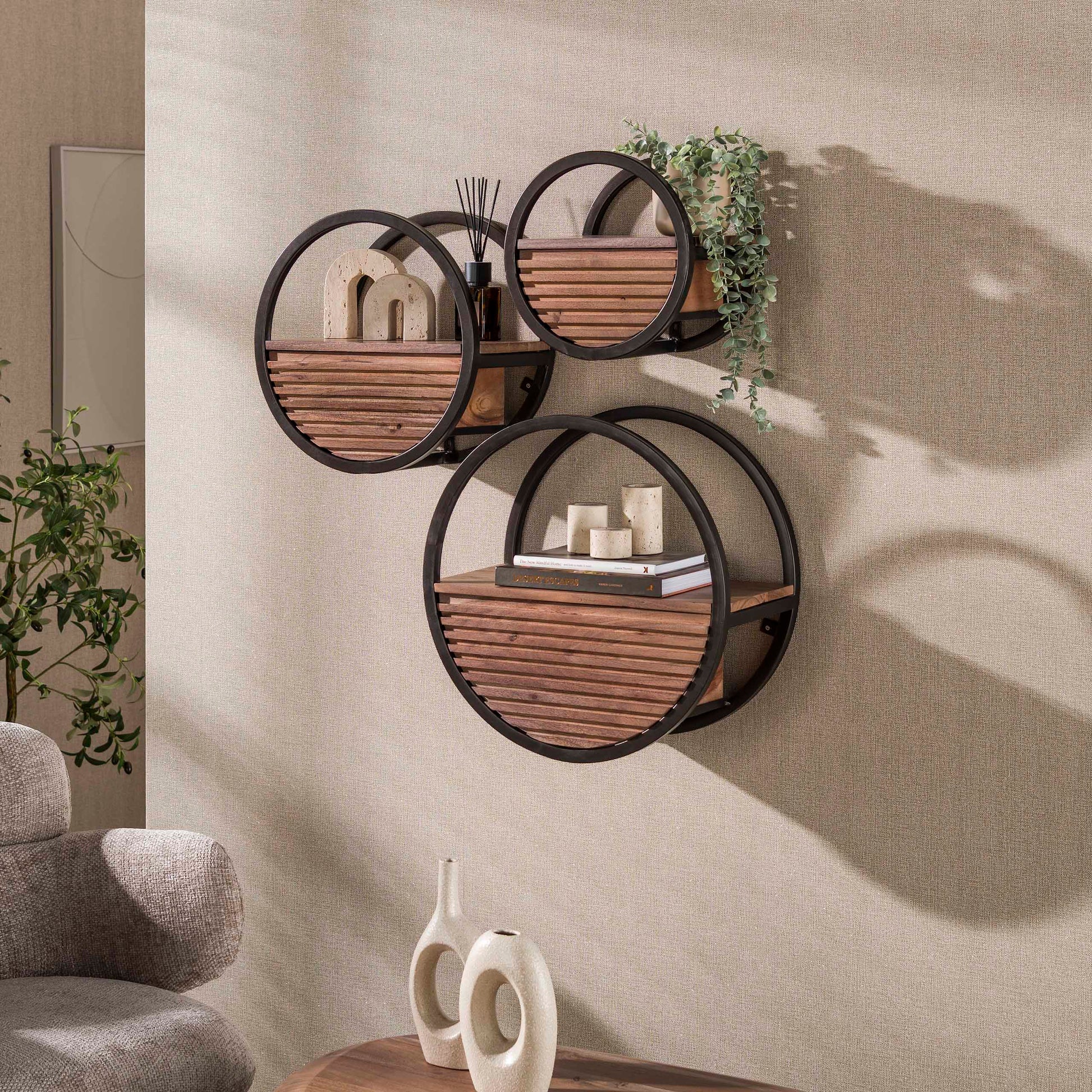 Wandschap Circular 1 lade Ø50cm / Massief acacia bruin – afbeelding 1