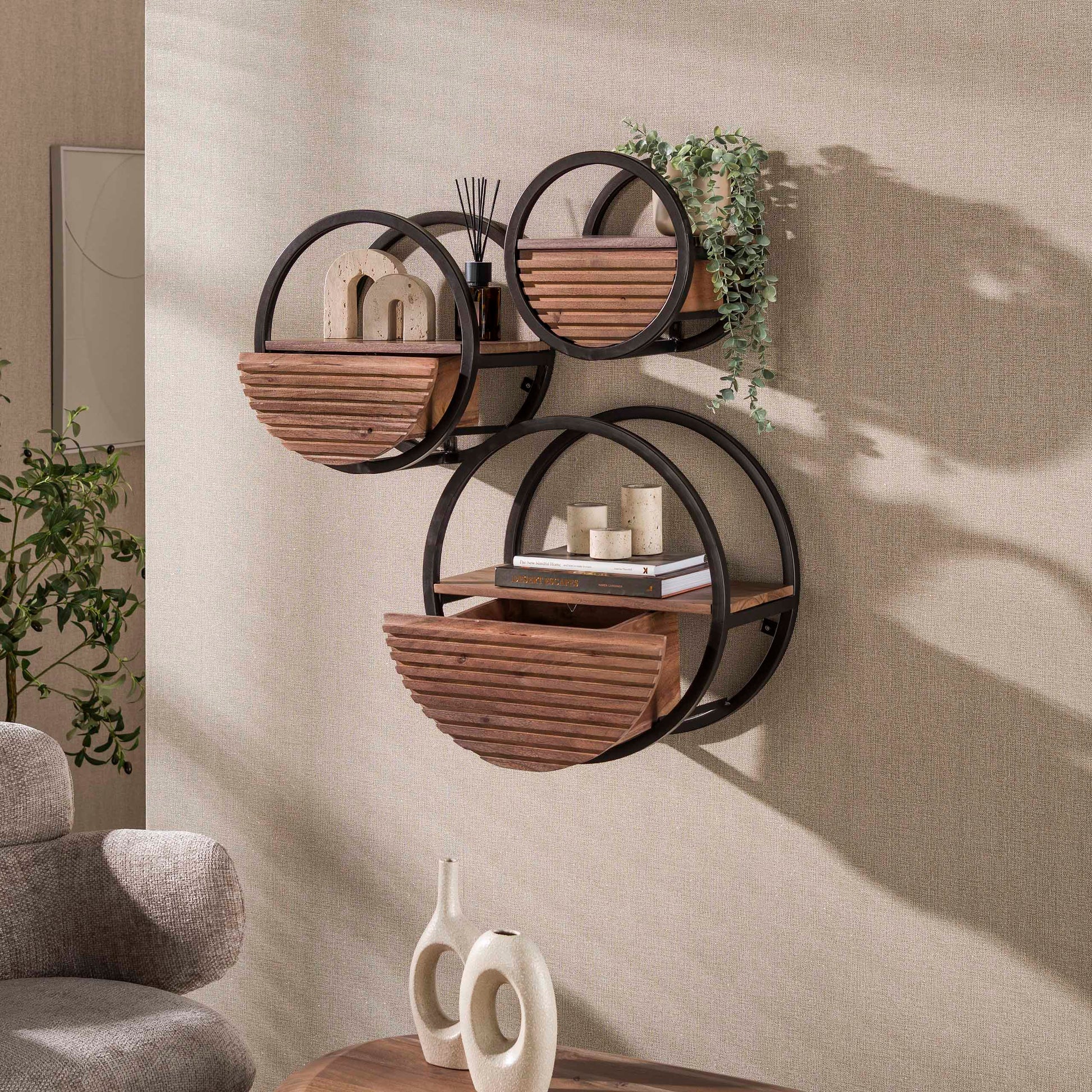 Wandschap Circular 1 lade Ø50cm / Massief acacia bruin – afbeelding 2