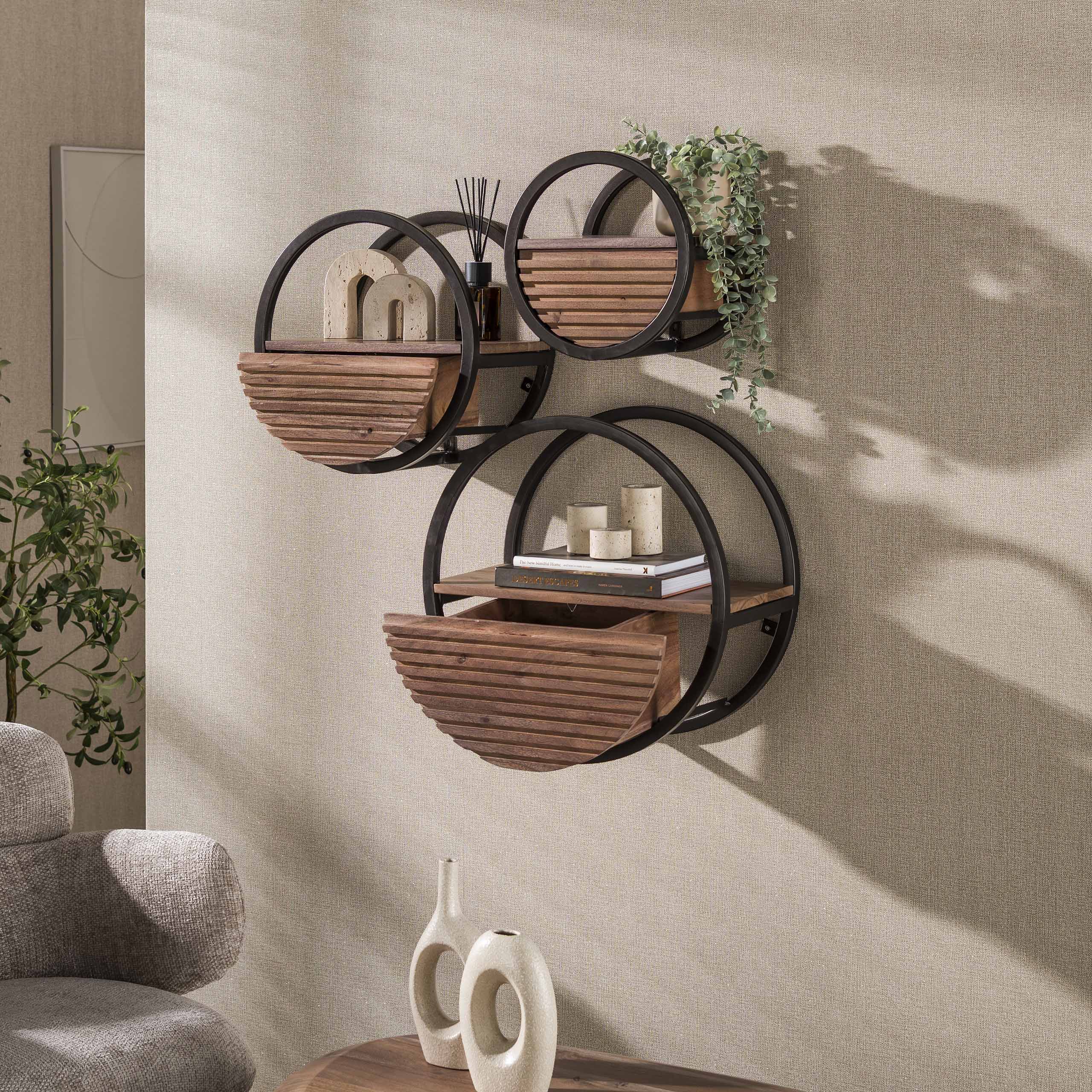 Wandschap Circular 1 lade Ø50cm / Massief acacia bruin – afbeelding 2