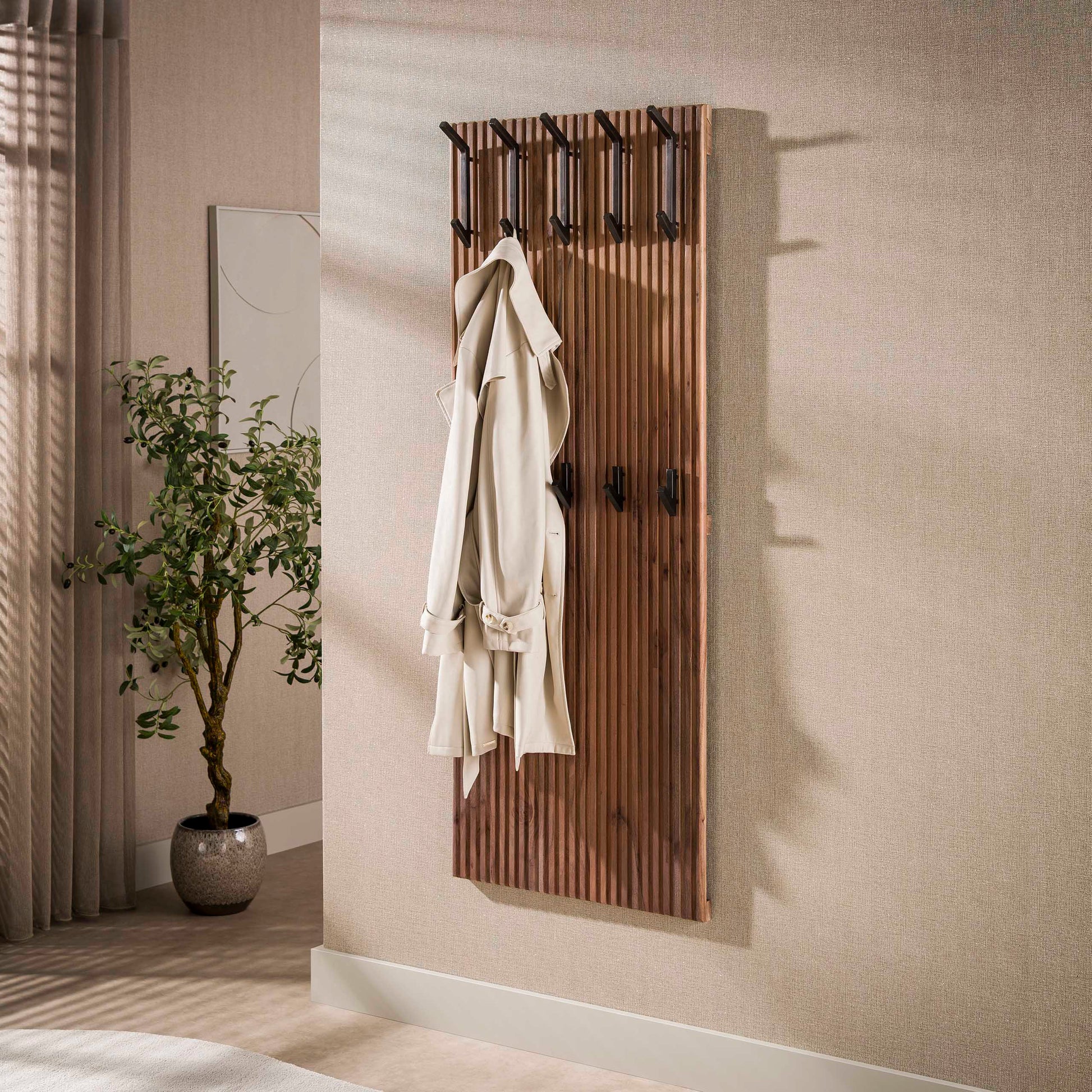 Kapstok Panel hoog 10 haken / Massief acacia bruin – afbeelding 1