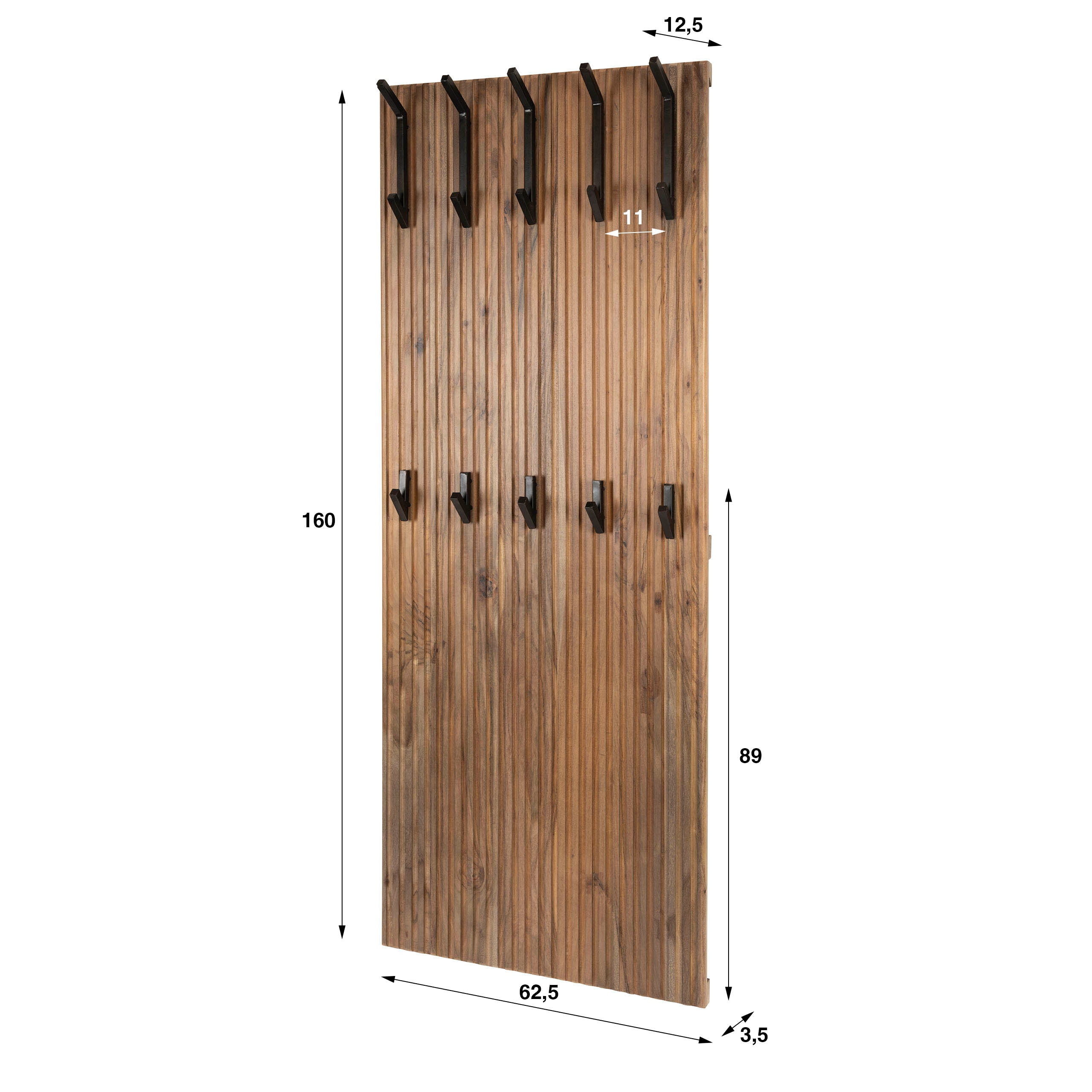 Kapstok Panel hoog 10 haken / Massief acacia bruin – afbeelding 5