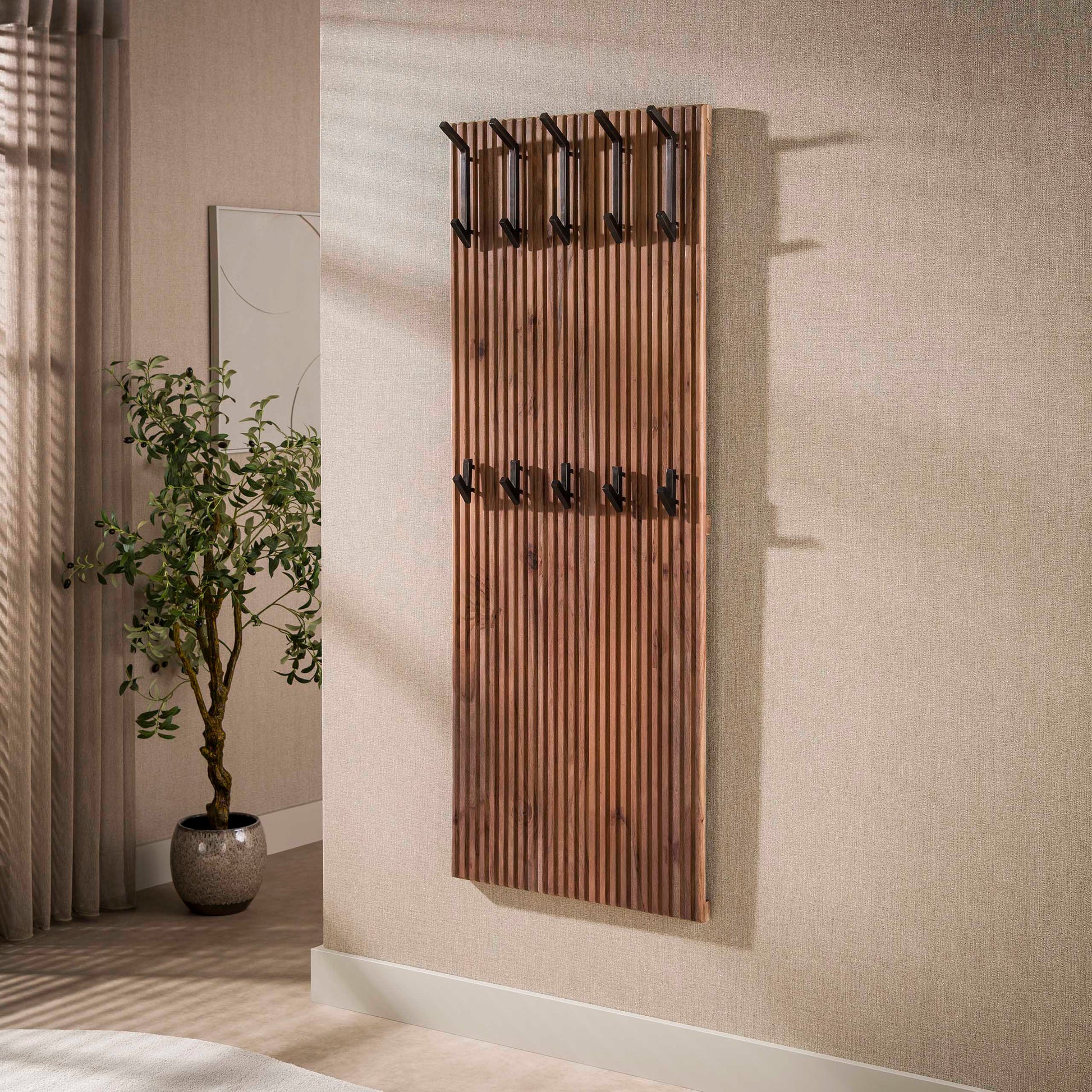 Kapstok Panel hoog 10 haken / Massief acacia bruin – afbeelding 2
