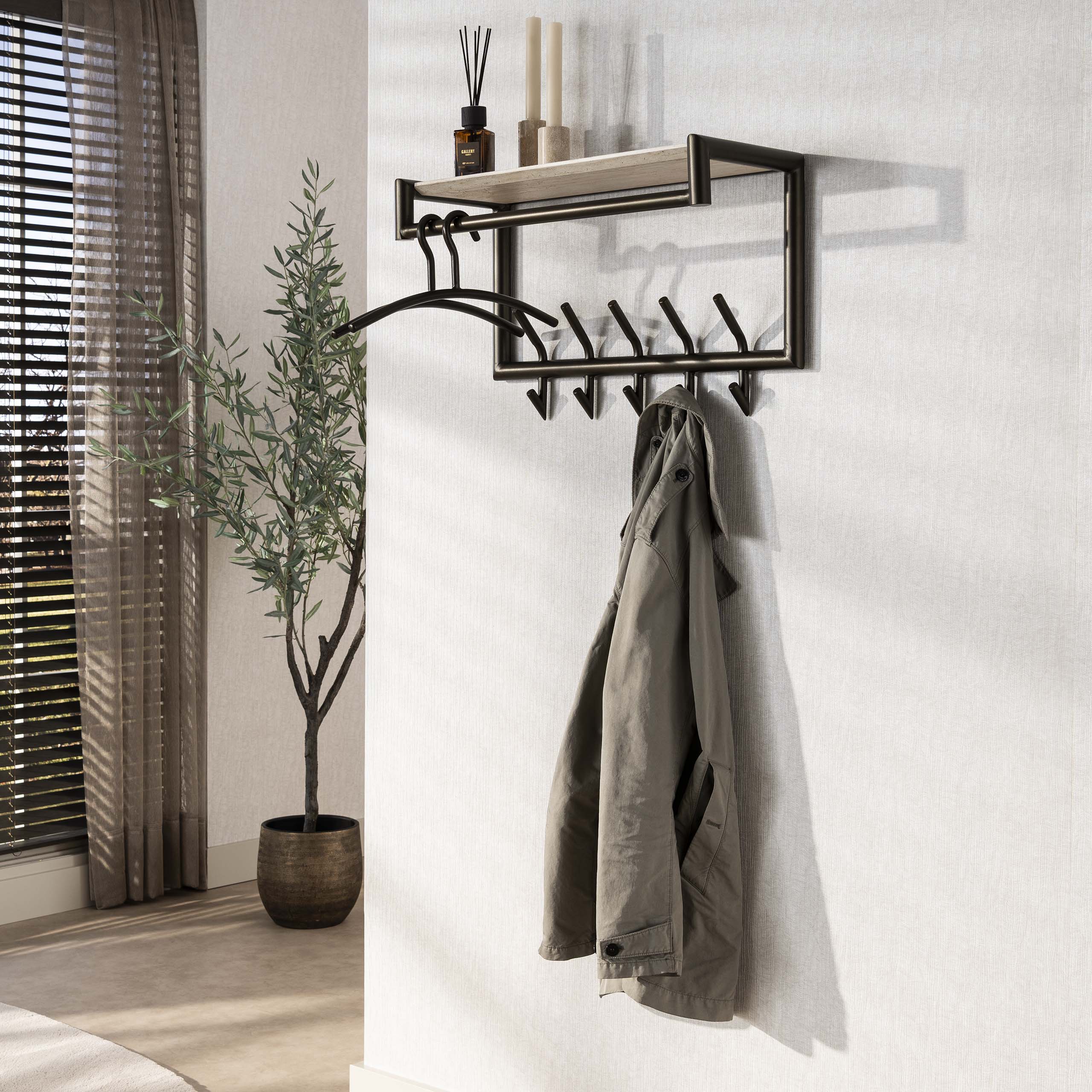 Kapstok Terra roede en hoedenplank 2x5 haken / Melamine travertine – afbeelding 2
