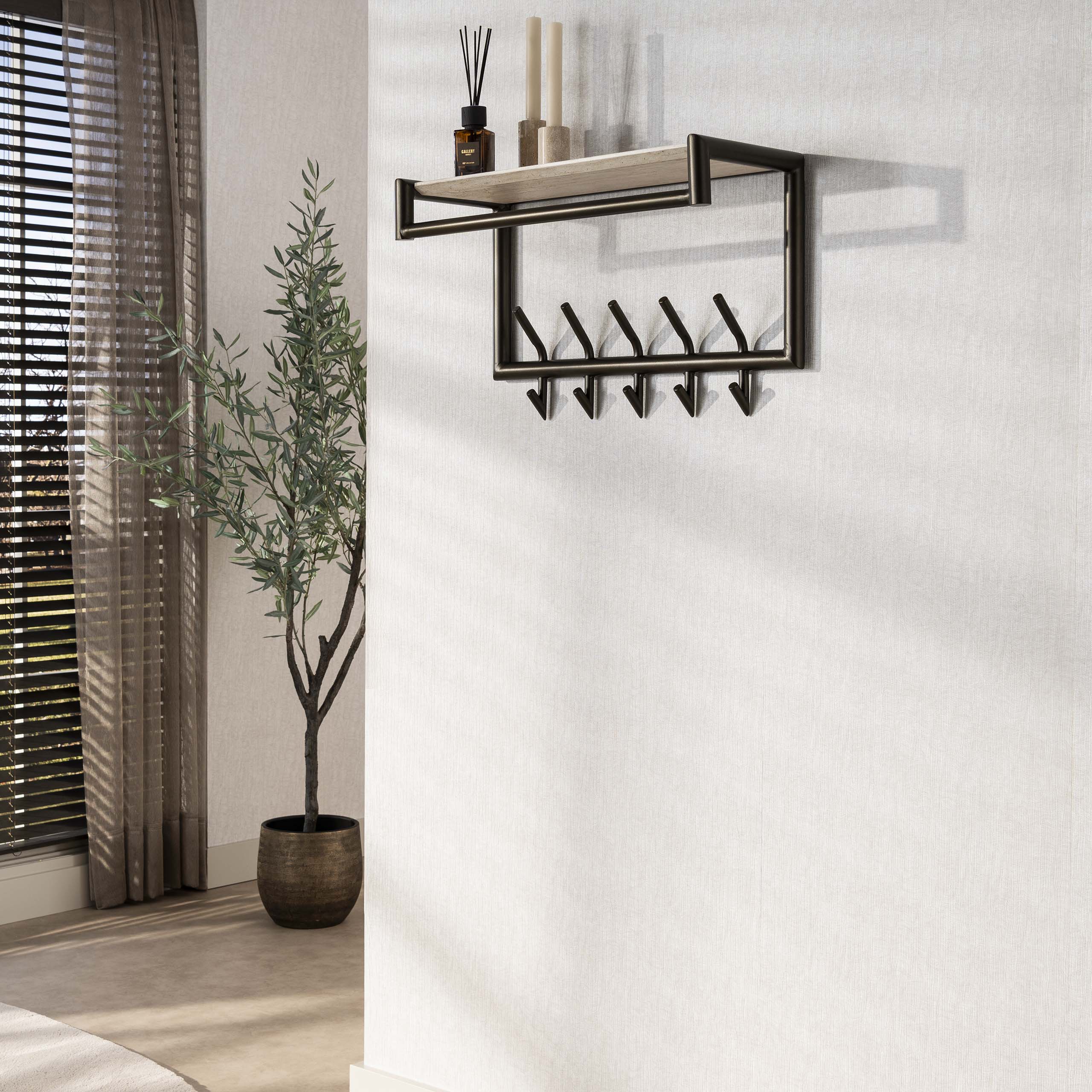 Kapstok Terra roede en hoedenplank 2x5 haken / Melamine travertine – afbeelding 3