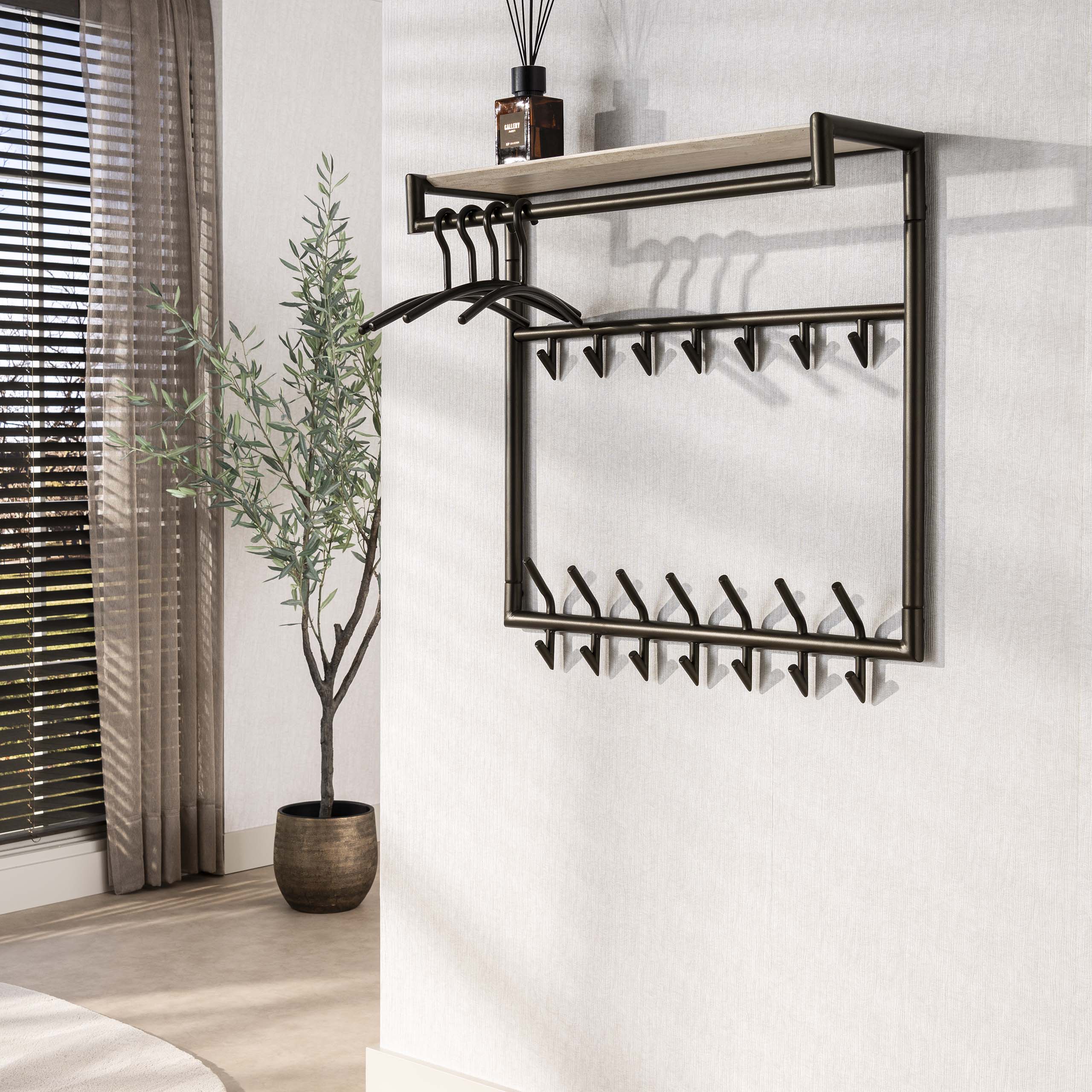 Kapstok Terra hoog roede en hoedenplank 3x7 haken / Melamine travertine – afbeelding 2