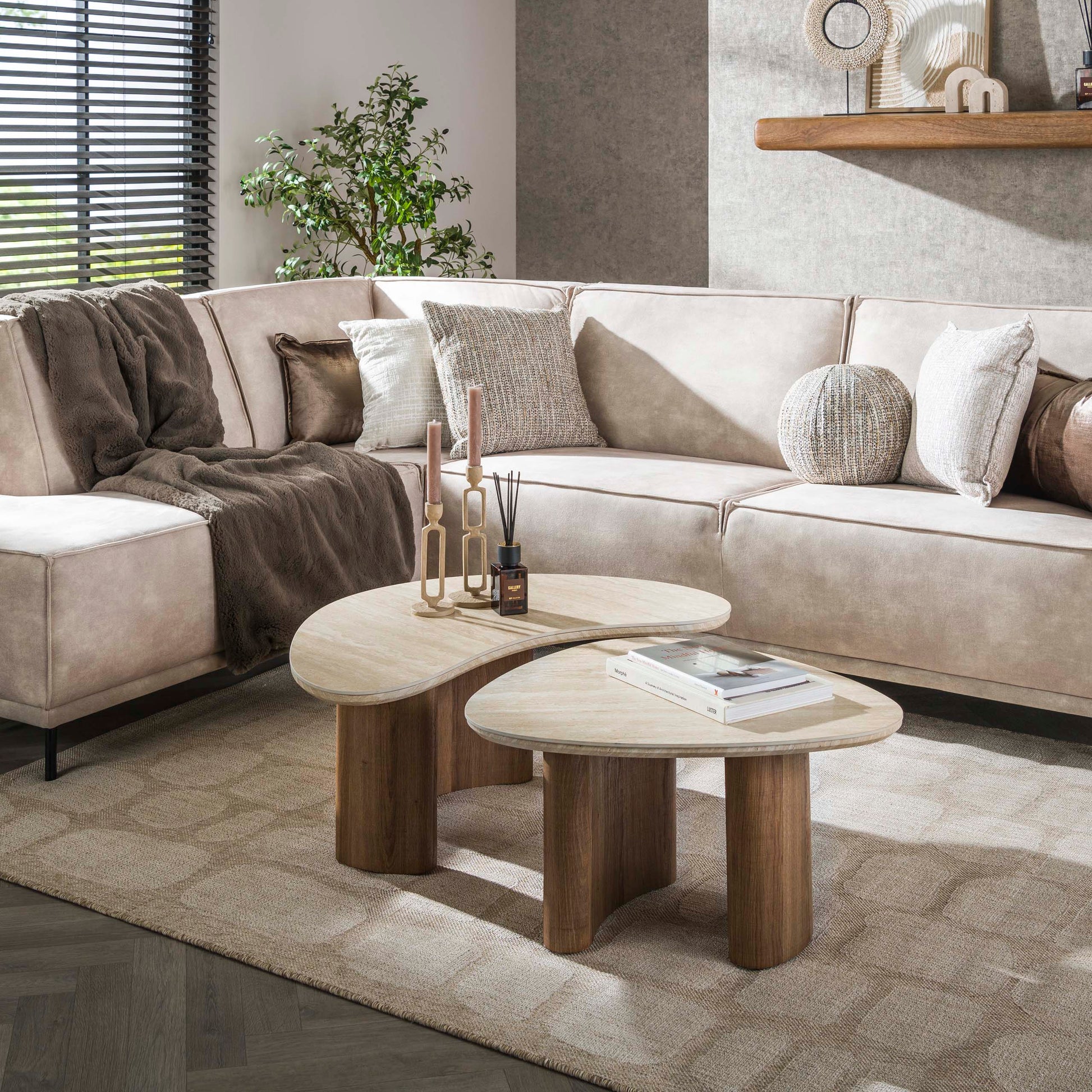 Salontafel Romano organisch set van 2 / Keramiek travertin – afbeelding 1