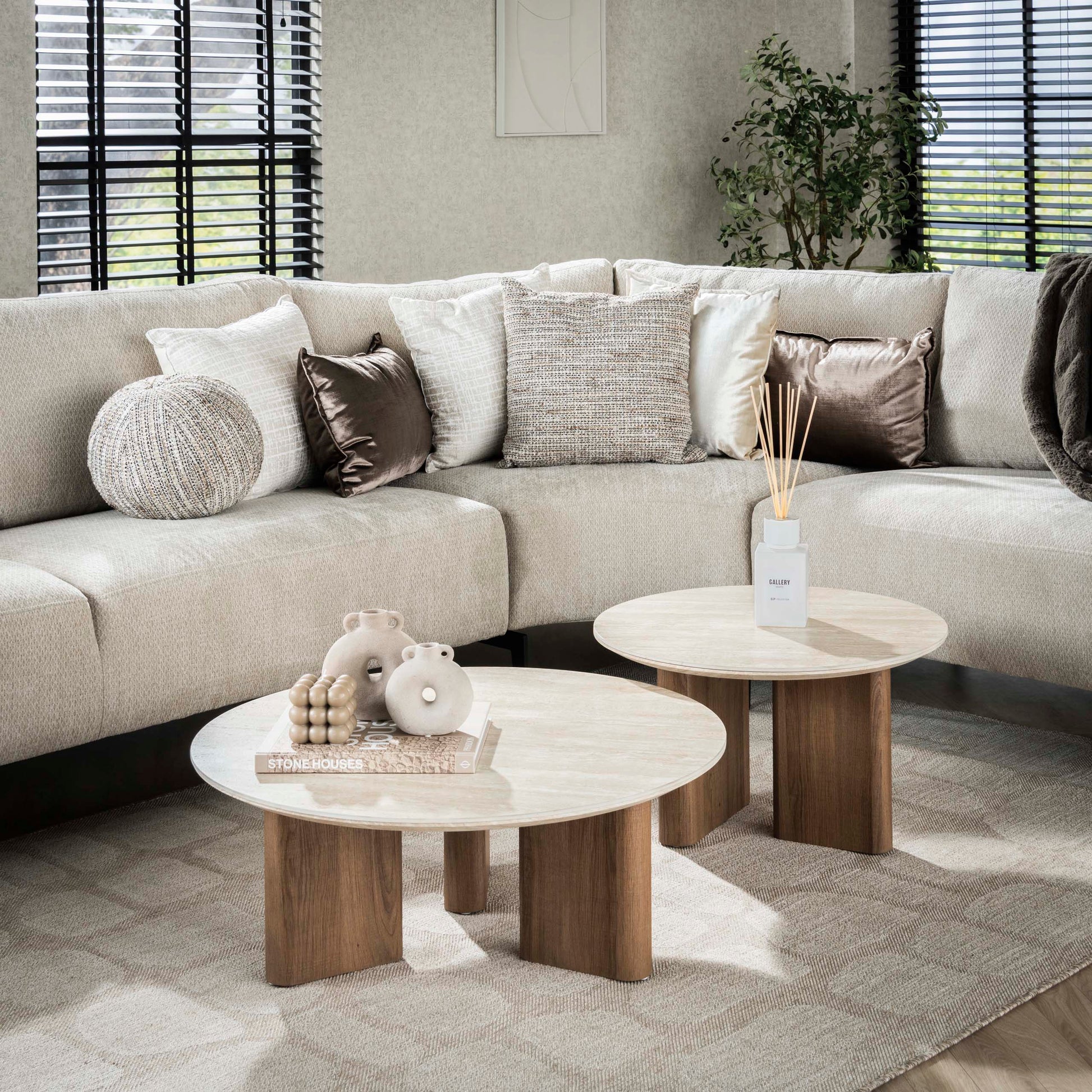 Salontafel Romano rond set van 2 / Keramiek travertin – afbeelding 1
