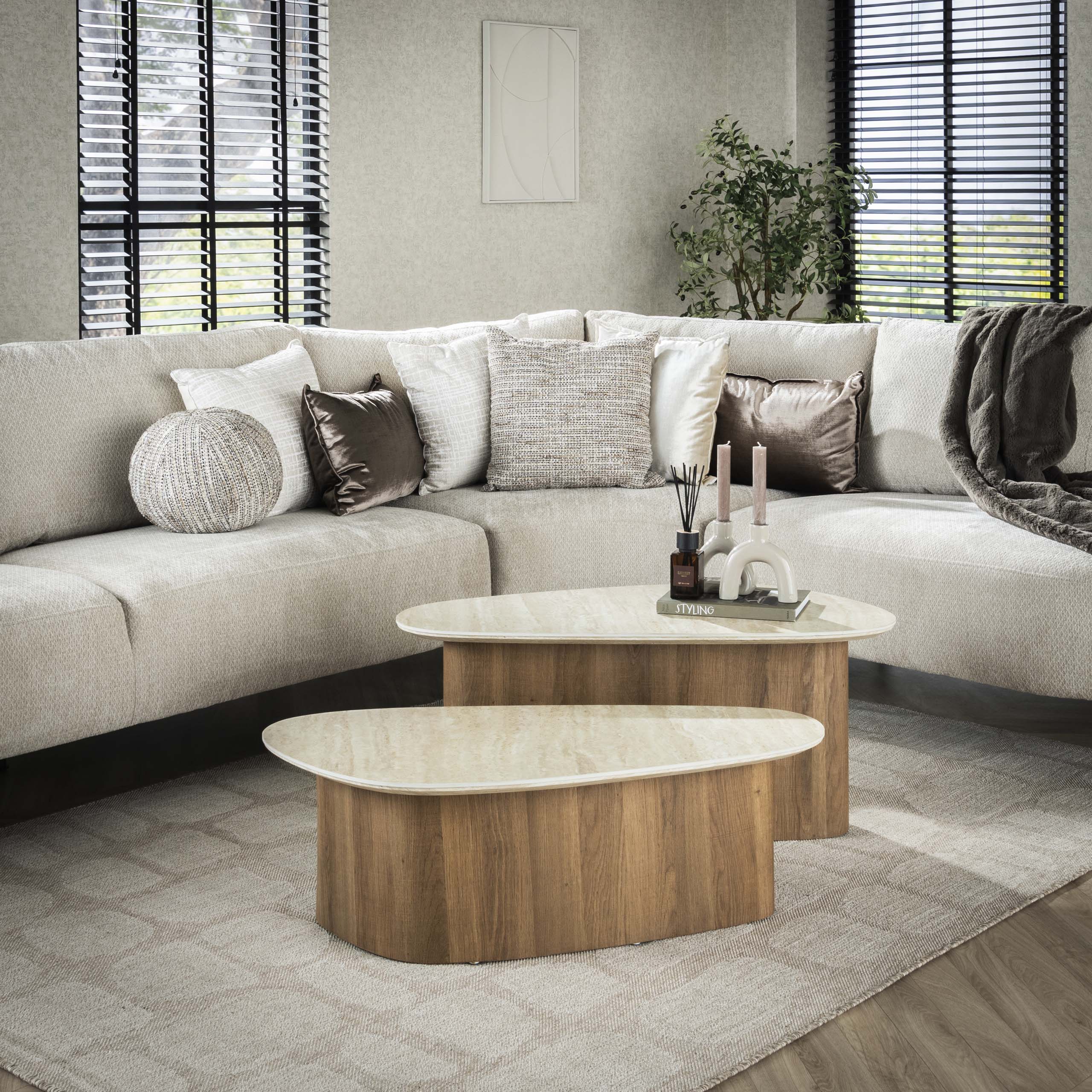 Salontafel Romano driehoekig set van 2 / Keramiek travertin – afbeelding 1