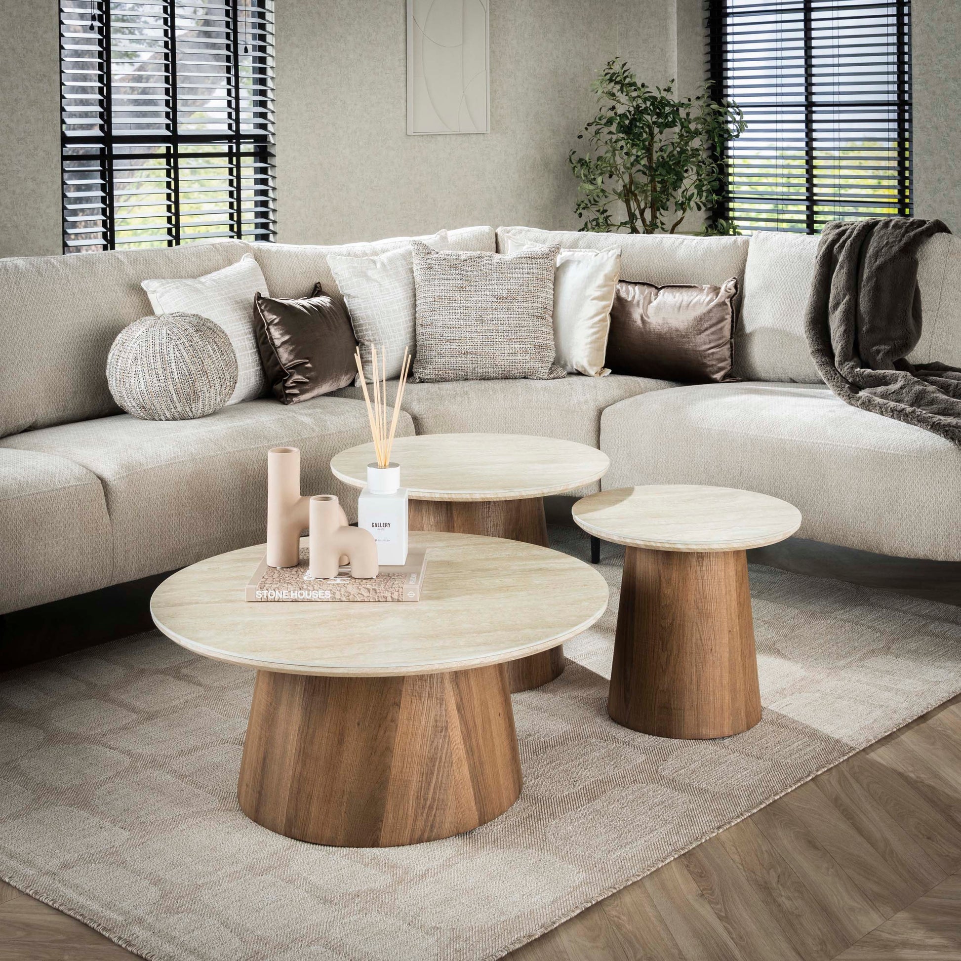 Salontafel Romano rond set van 3 / Keramiek travertin – afbeelding 1