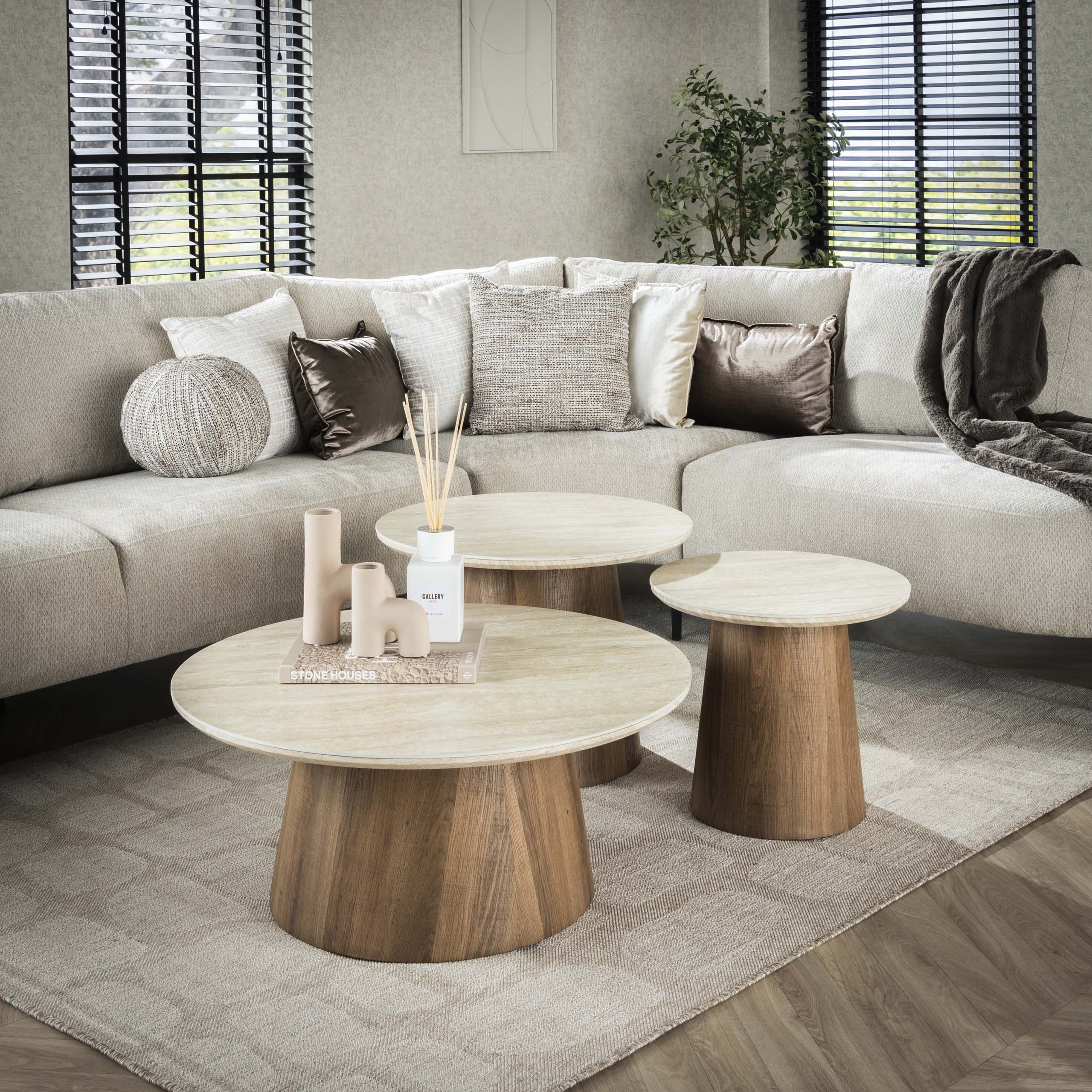 Salontafel Romano rond set van 3 / Keramiek travertin – afbeelding 1