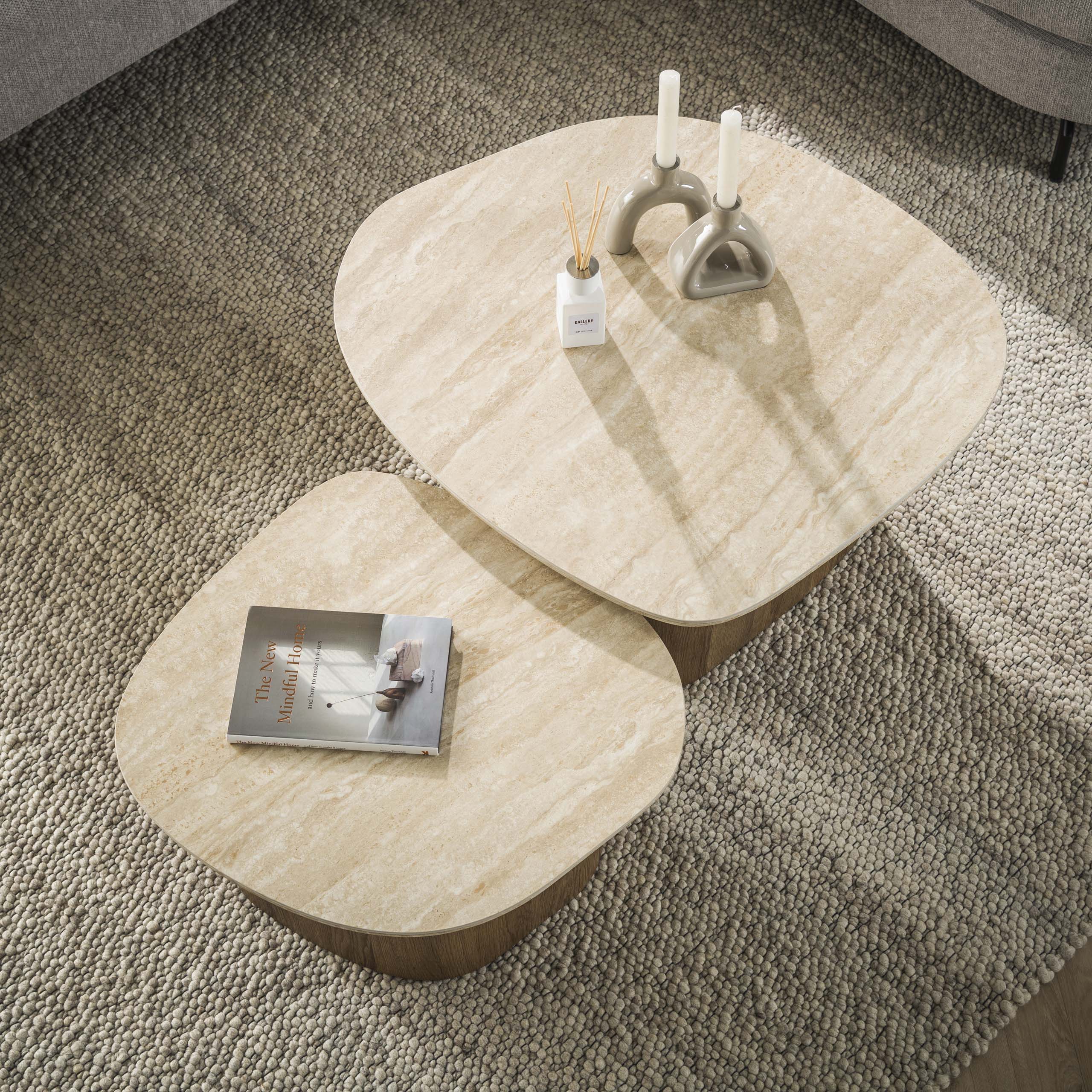 Salontafel Romano kiezel set van 2 / Keramiek travertin – afbeelding 1