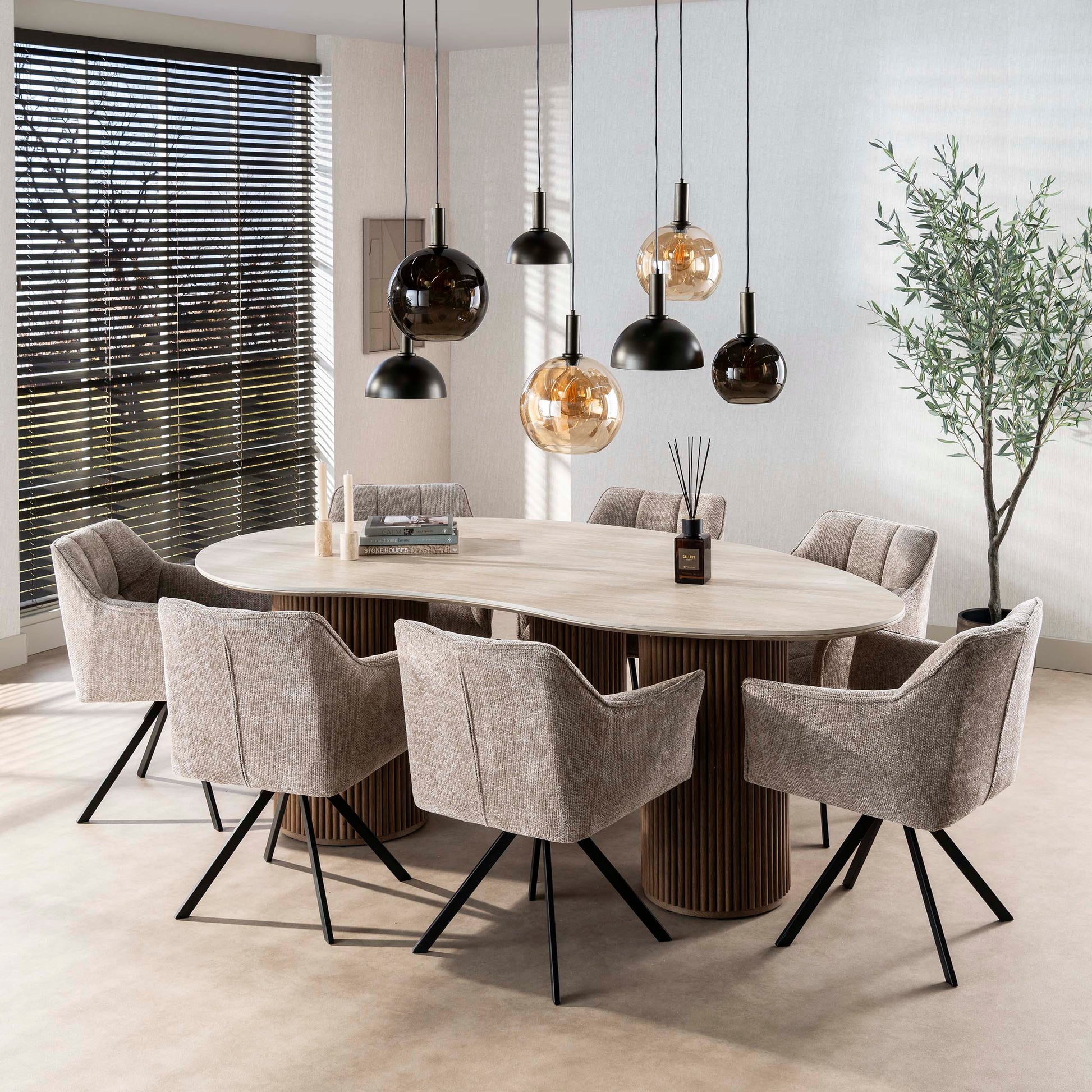 Eettafel Romano niervormig 215cm / 3D keramiek travertin – afbeelding 1